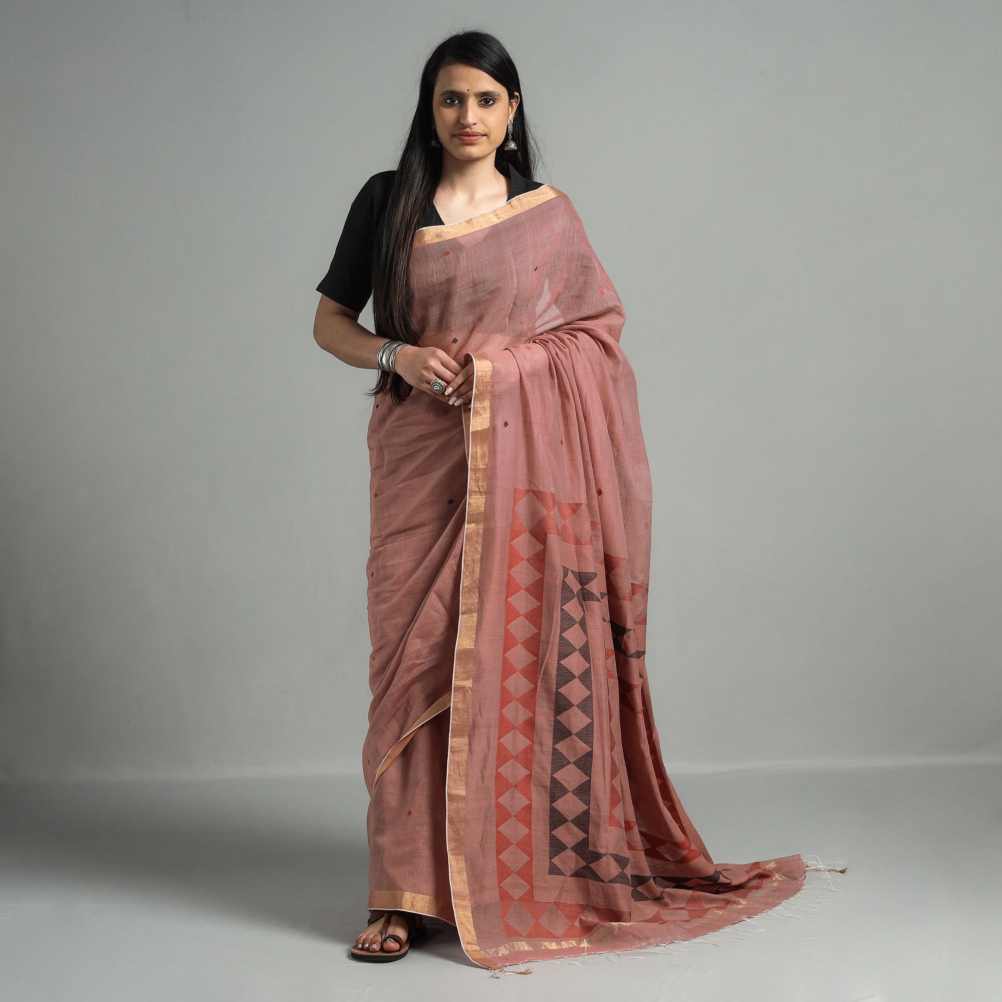 SASHA Brown - Handloom Cotton Phulia Jamdani Saree with Tassels
