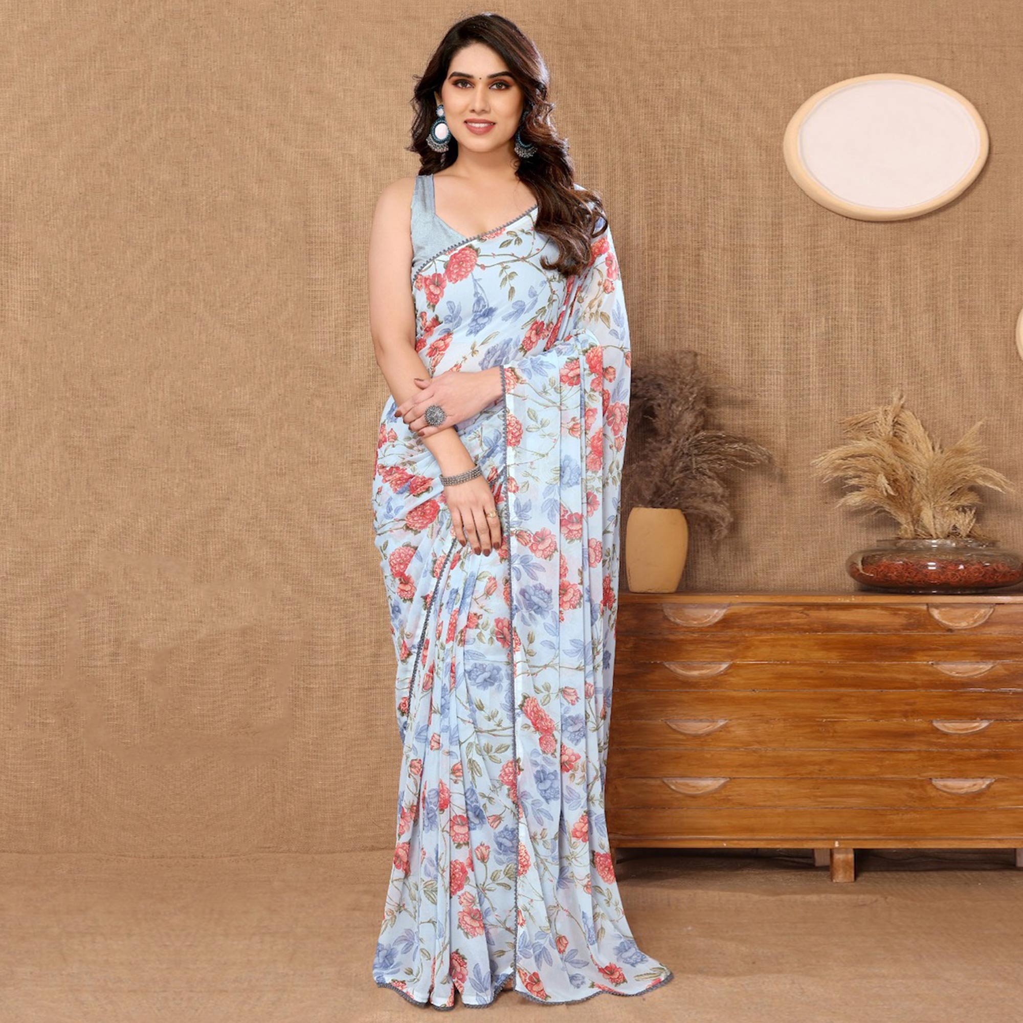Peachmode Seller Light Blue Floral Printed Ready To Wear Georgette Saree - view 2