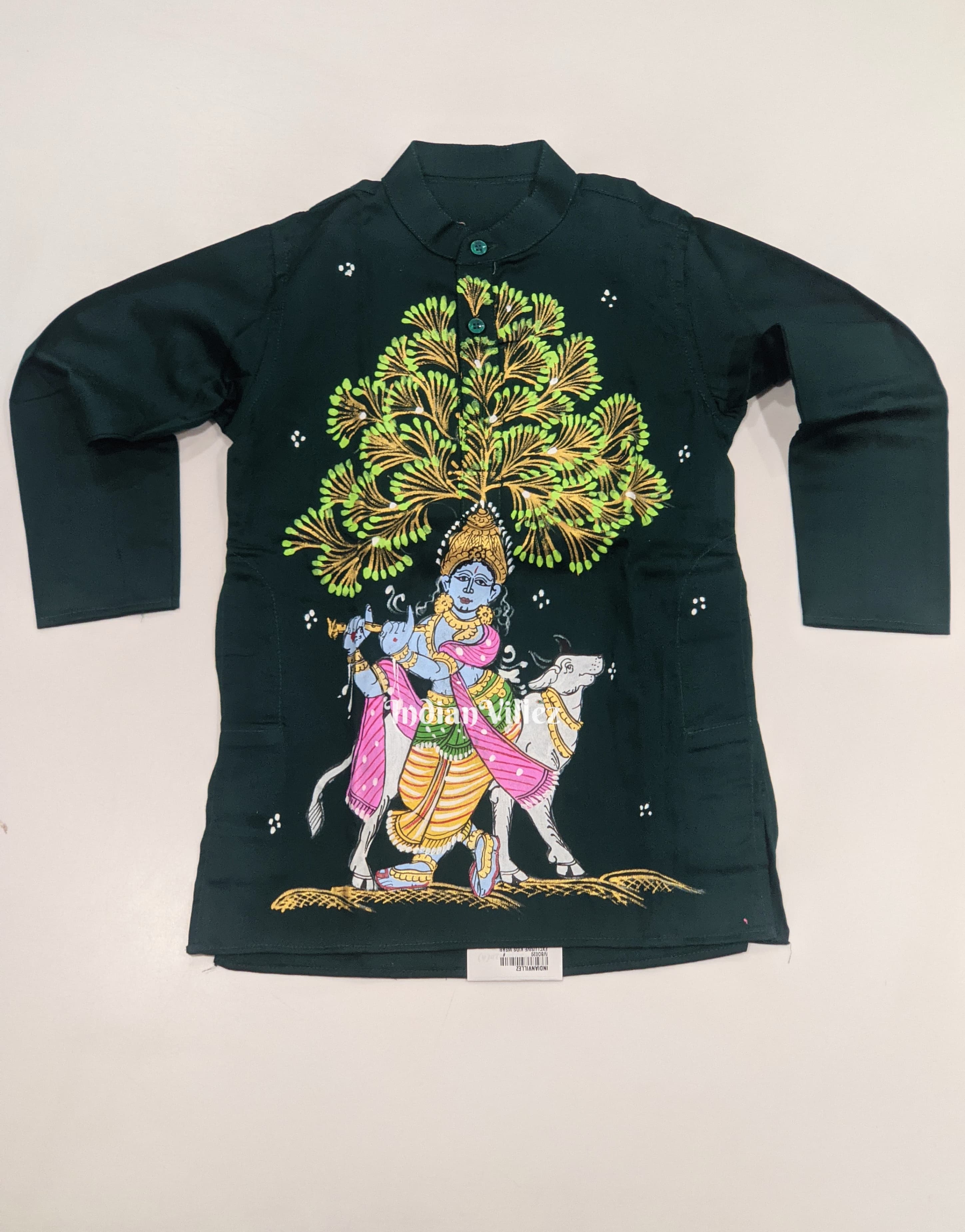 IndianVillèz Green Boys Krishna in Venugopal Theme Pattachitra Kids Kurta & Pyjama Set - view 2