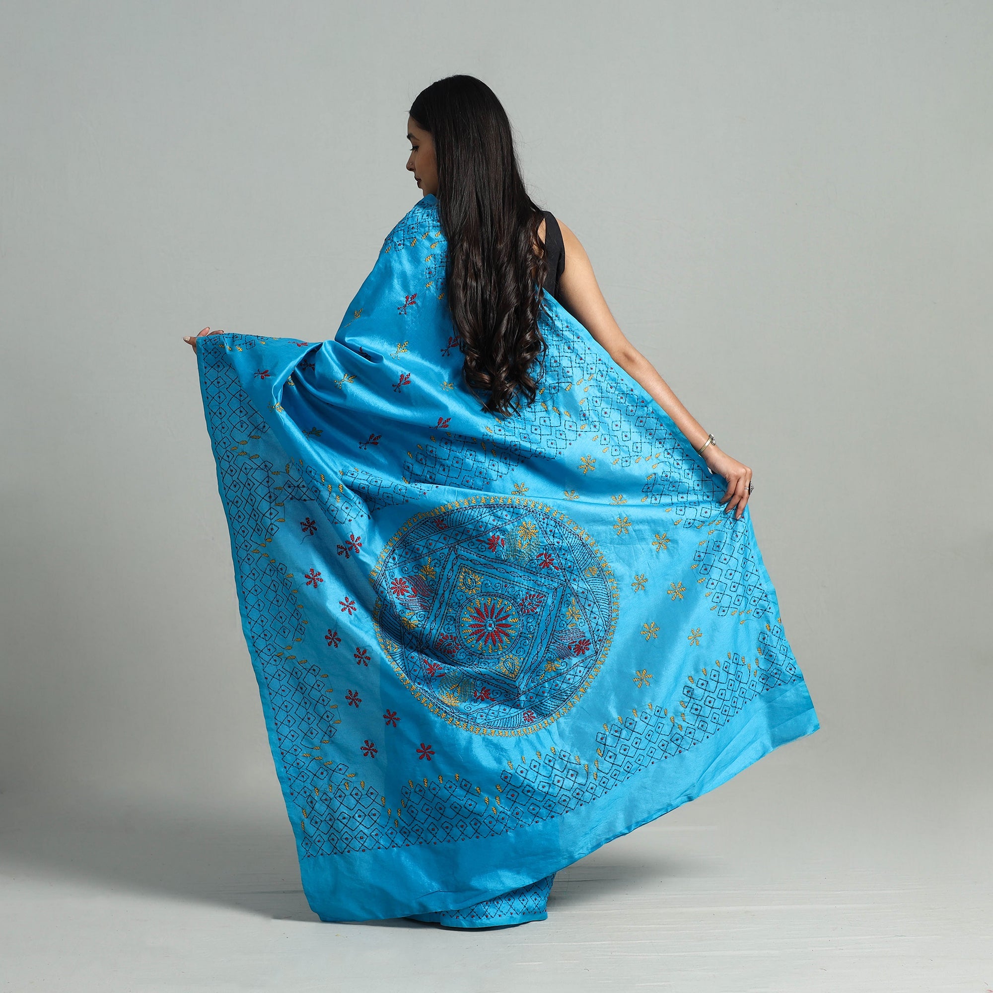ITOKRI CRAFTS INITIATIVE Blue - Bengal Silk Nakshi Kantha Hand Embroidery Saree 09 - view 5