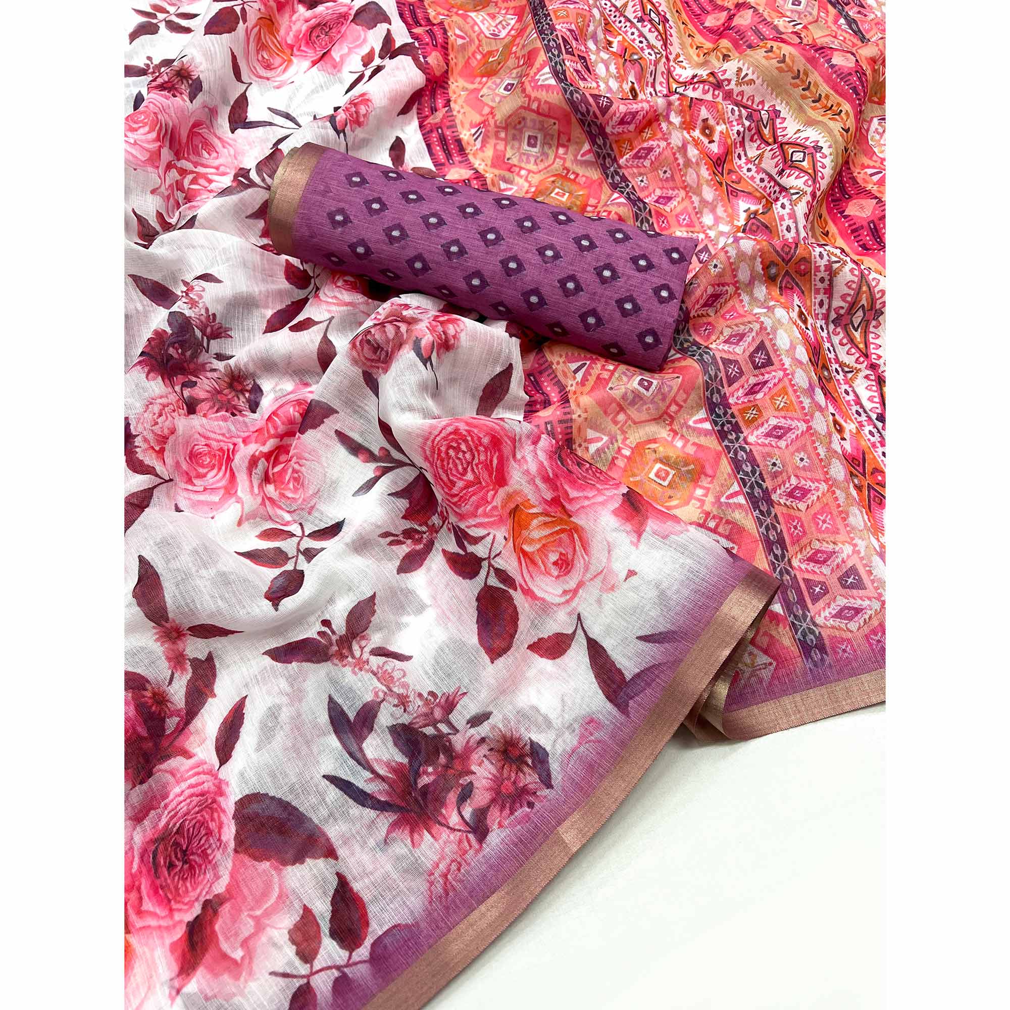 Peachmode White & Pink Floral Digital Printed Linen Saree With Zari Border - view 3