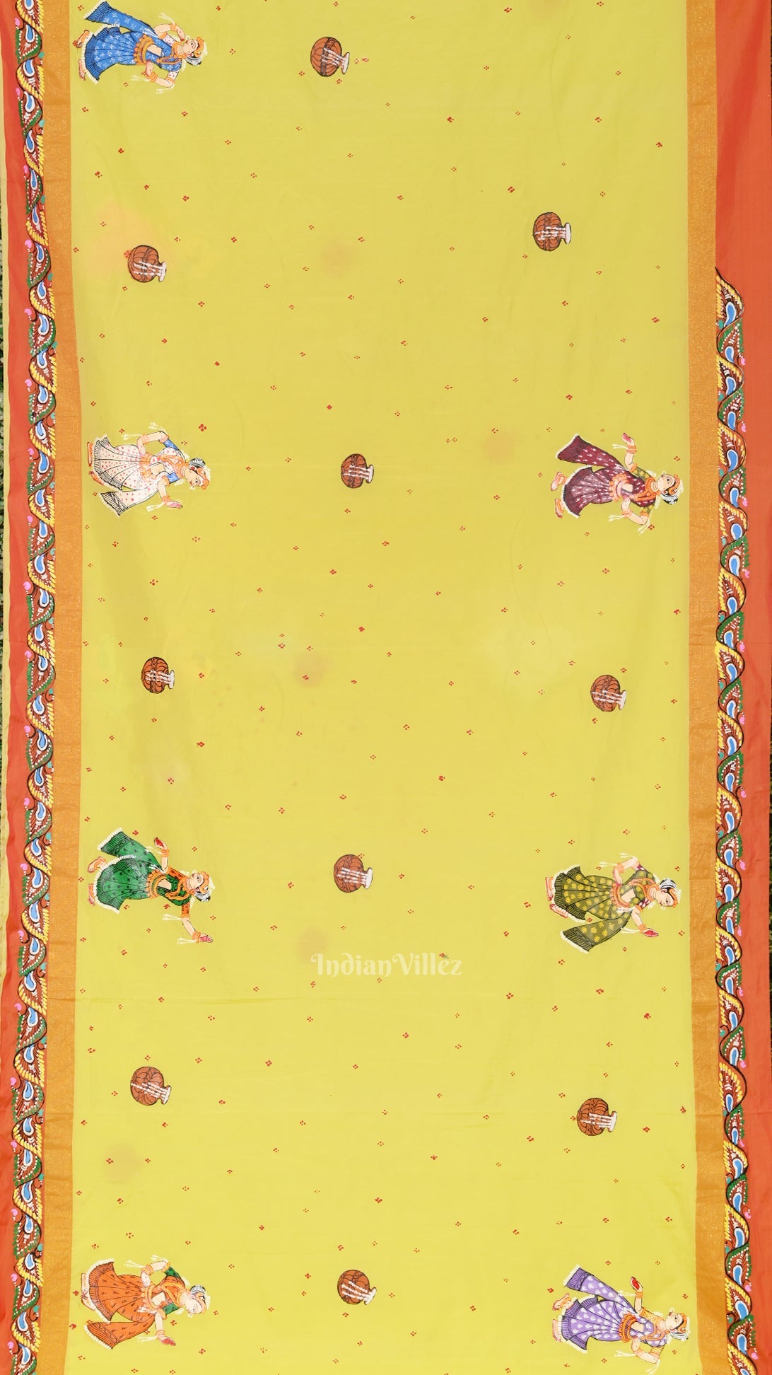 IndianVillèz Lemon Yellow Red Radha Krishna Raasleela Hand-Painted Pattachitra Saree - view 3