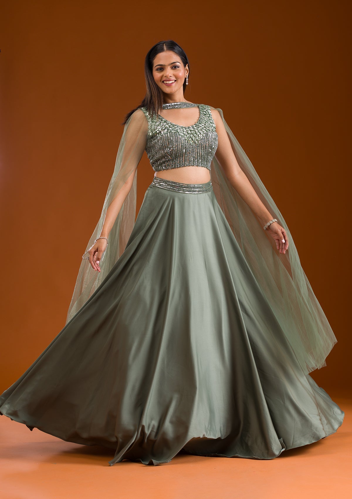 Koskii Mehendi Sequins Satin Readymade Lehenga