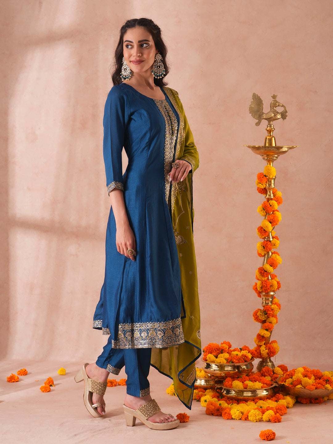 FASHOR Solid Ethnic Sequin Embroidered Anarkali Kurta with Pant and Dupatta - Teal Blue - view 5