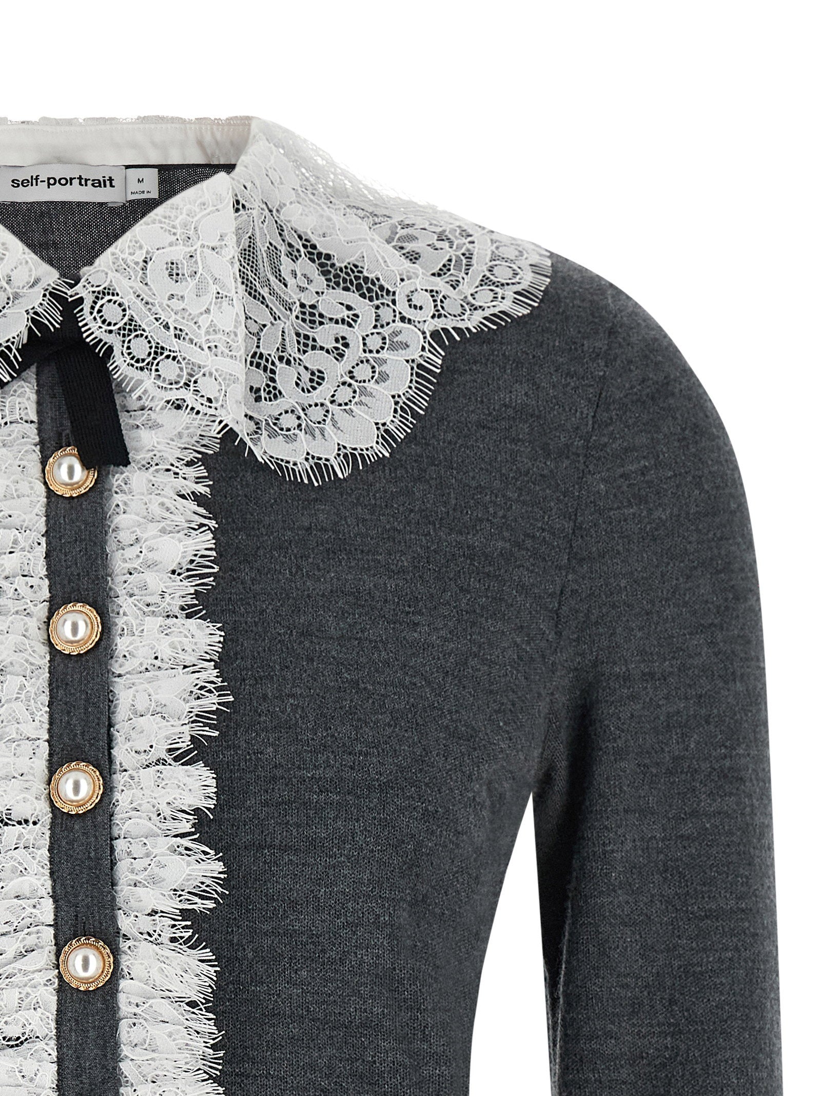 Self-Portrait Grey Lace Collar Knit Cardigan – 100% wool - view 3