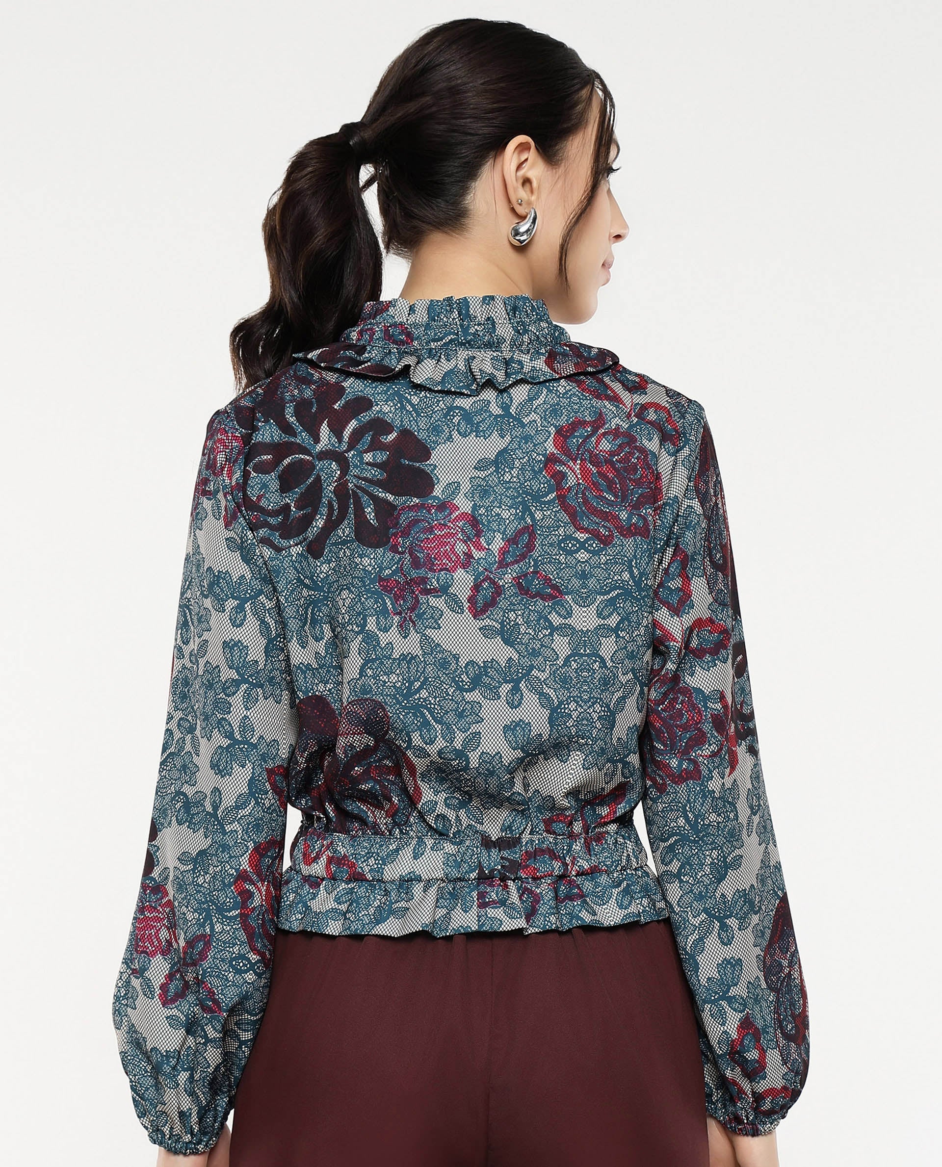 Rareism Women Mugla Multi Polyester Fabric Balloon Sleeve V-Neck Button Closure Cropped Floral Print Top - view 6