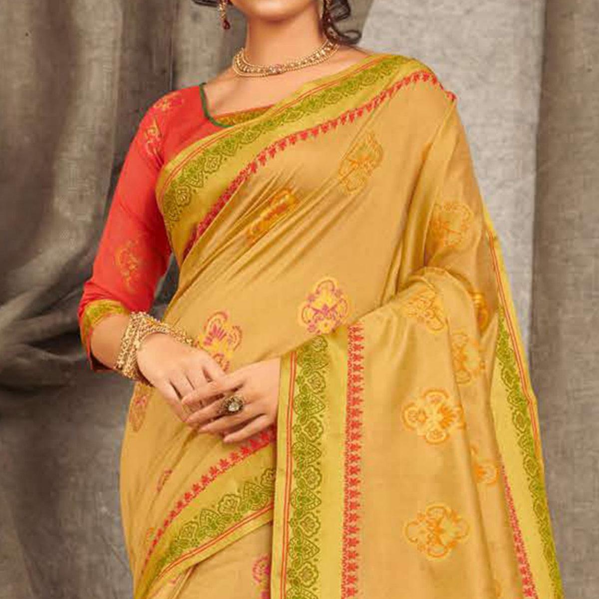 Peachmode Fantastic Mustard Yellow Colored Festive Wear Woven Cotton Handloom Saree - view 2