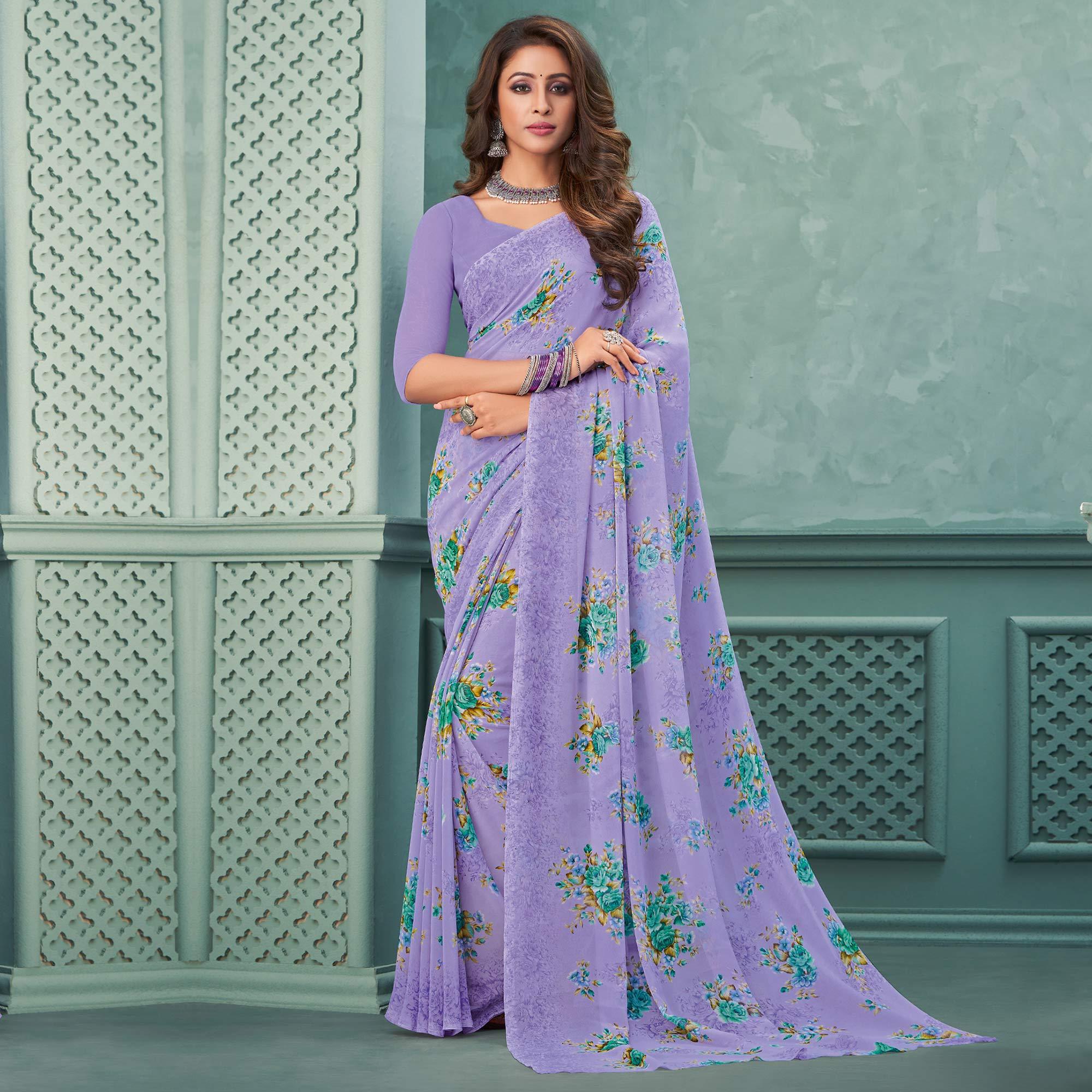 Peachmode Lavender Floral Printed Georgette Saree