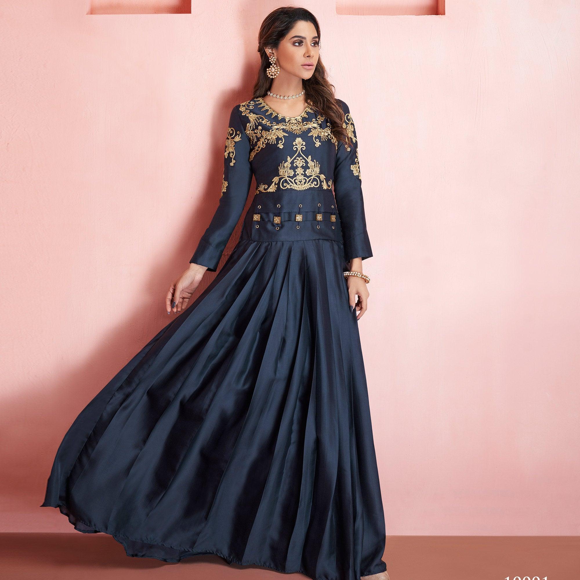 Peachmode Seller Intricate Greyish Black Colored Partywear Embroidered Tapeta Silk Gown