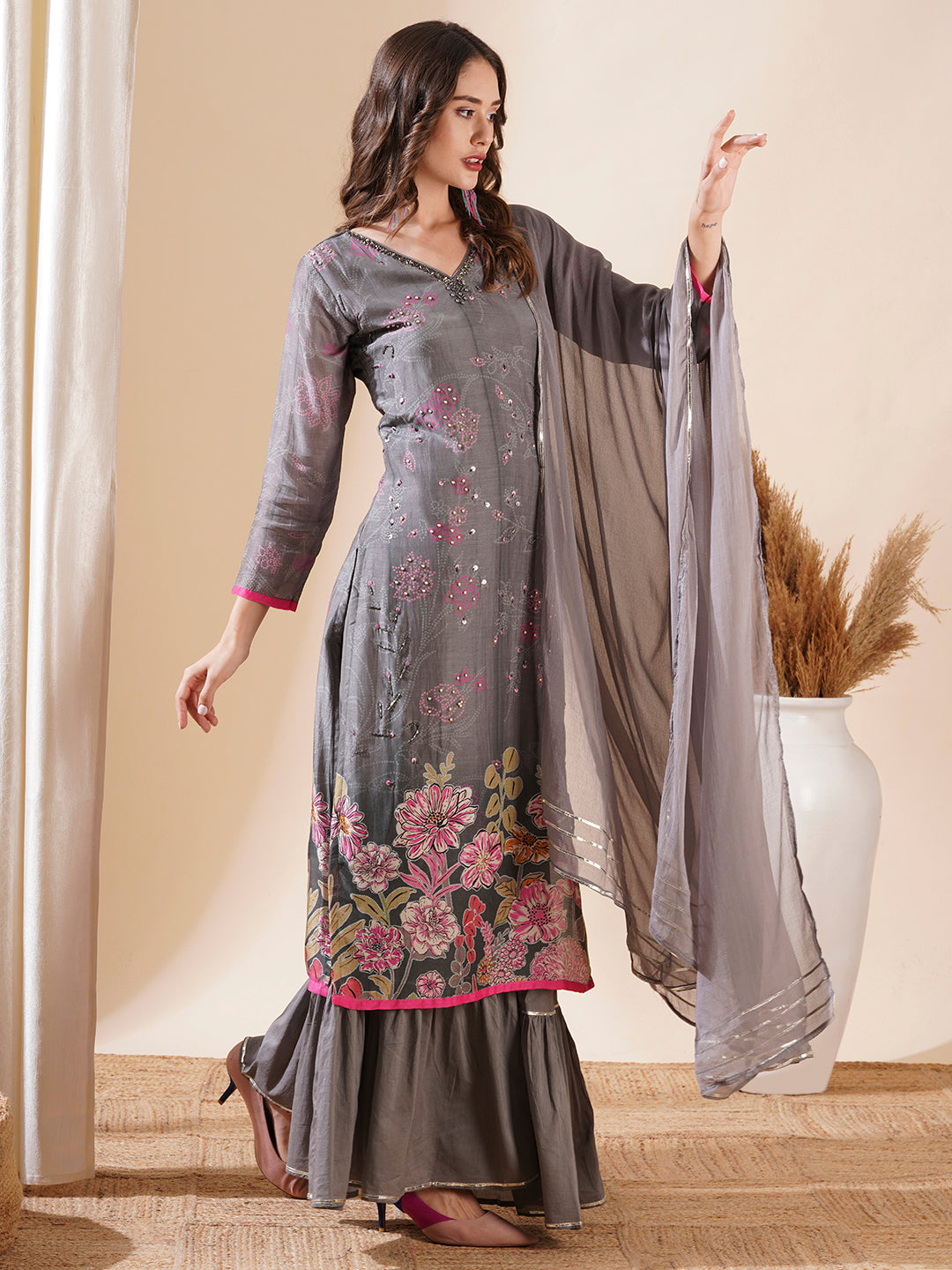 Fashor Ethnic Printed Cutdana & Sequins Embroidered Kurta with Sharara & Dupatta - Grey - view 5