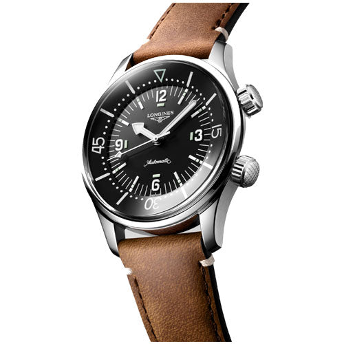 Longines Legend Diver Black Lacquered Polished Dial & Brown Strap Unisex Watch - view 2
