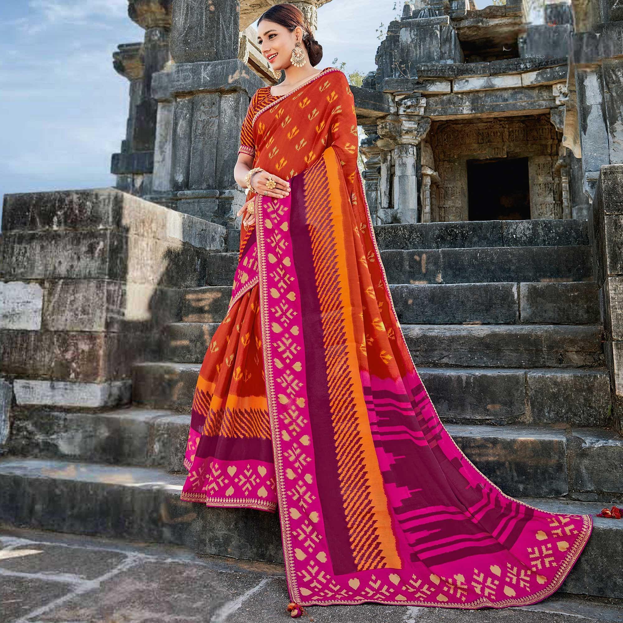 Peachmode Maroon Casual Wear Printed Tussar Silk Saree