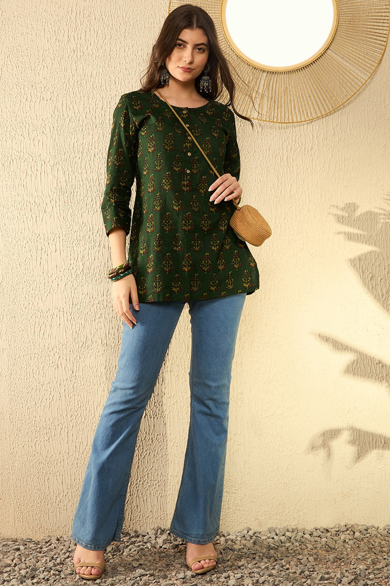 Ahika Green Cotton Blend Ethnic Motifs Printed Regular Tunic VT1297 - view 2