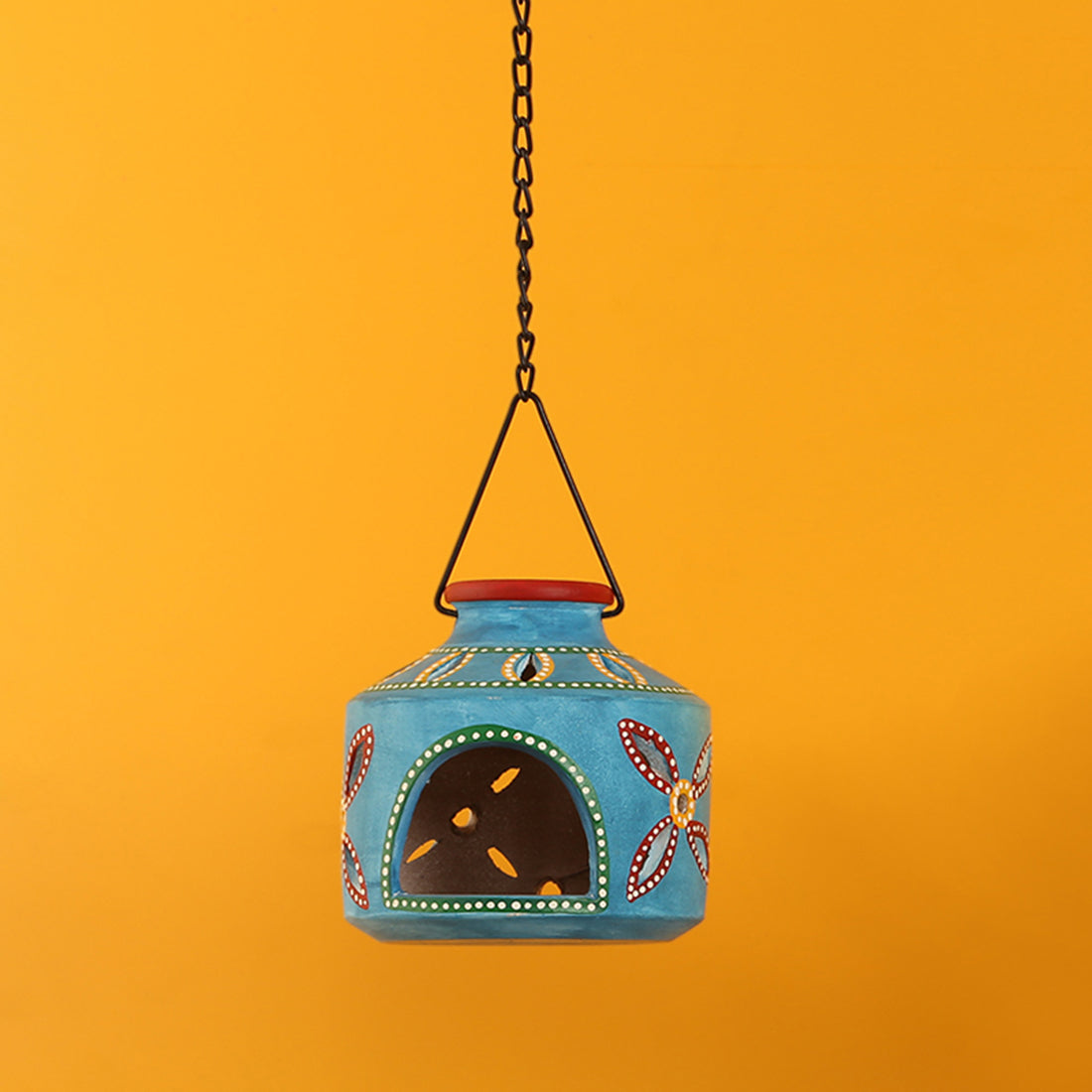 EXCLUSIVELANE 'The Glowing Matki' Handpainted Terracotta Hanging Tea Light Holder In Azure Blue