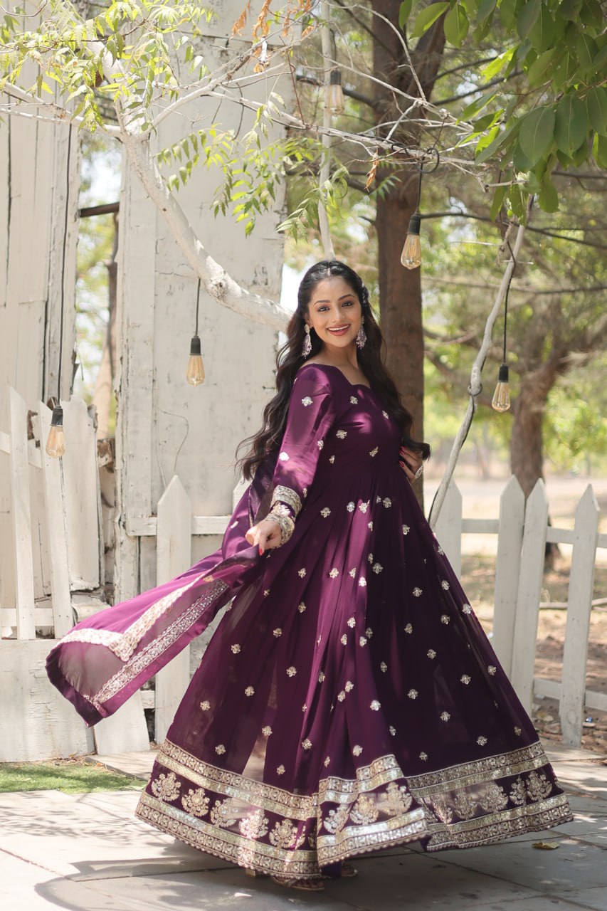 ClothsVilla Wine Faux Blooming Gown with Sequins Embroidery and Dupatta - view 4