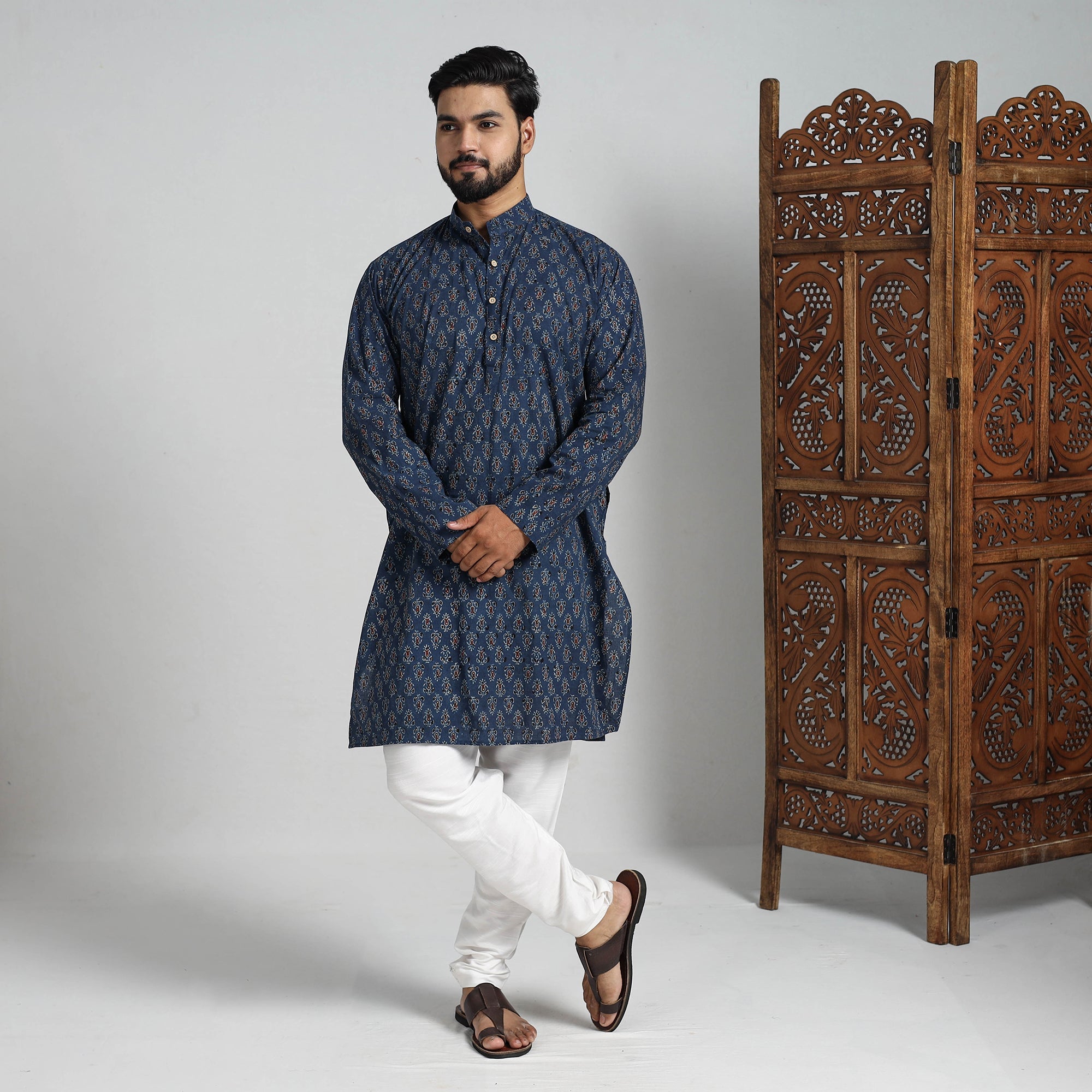 ITOKRI CASUALS Ajrakh Block Printed Cotton Men Long Kurta 13 - view 2