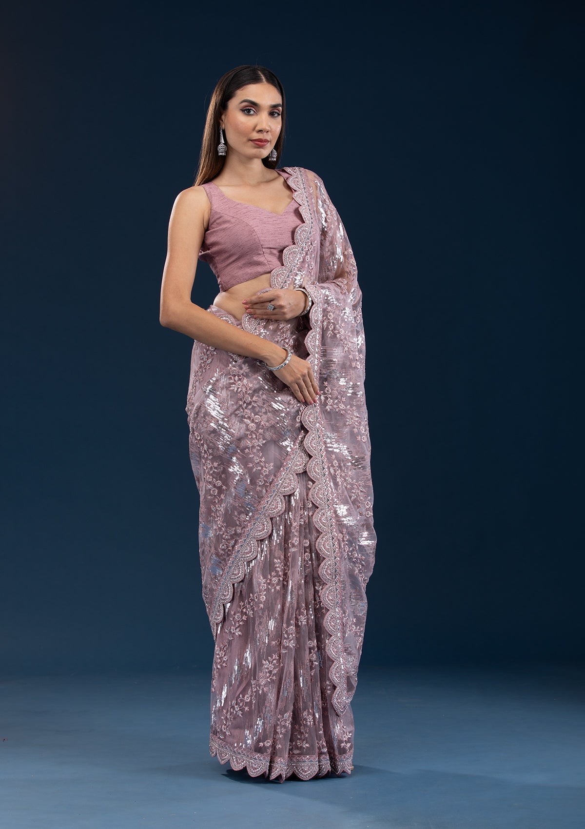 Koskii Onion Pink Sequins Net Saree – Women's - view 4