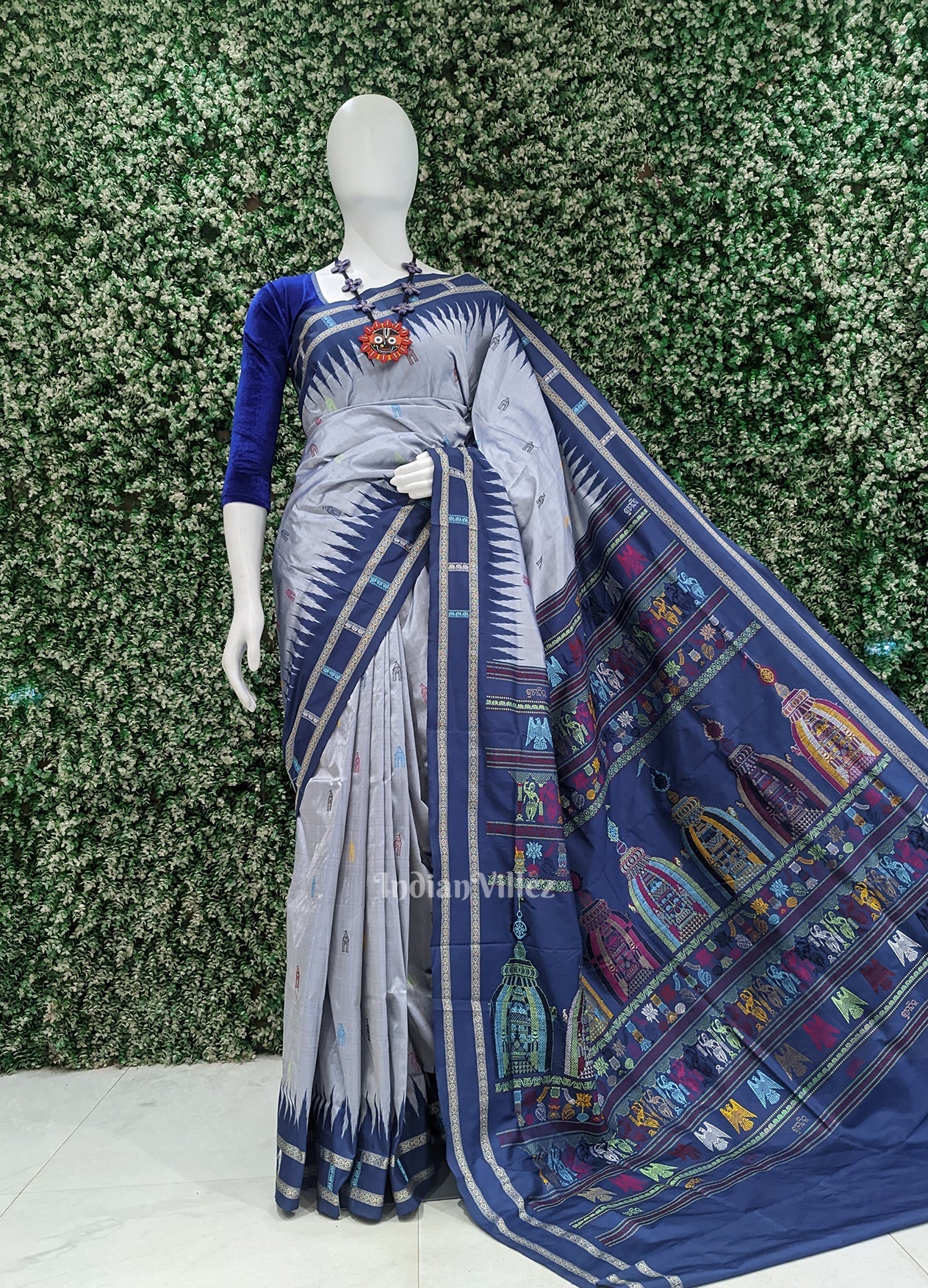 IndianVillèz Silver Blue Shree Mandir Theme Bomkai Sambalpuri Ikat Silk Saree