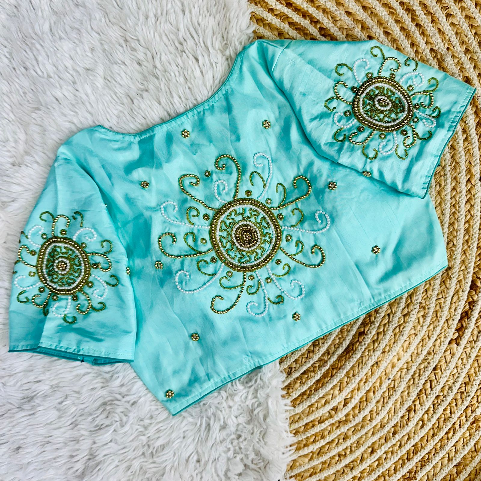 ClothsVilla Sky Blue Golden Handcrafted Makhana Silk Blouse with White Pearl Accents - view 2