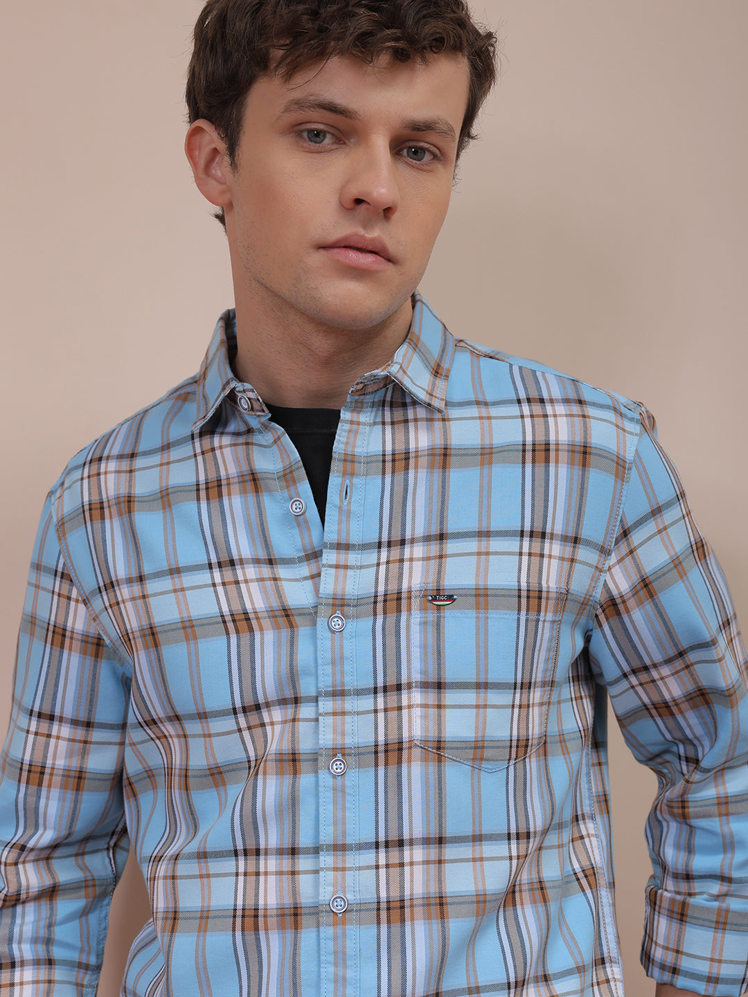 The Indian Garage Co Men's Blue Slim Fit Checked Shirt