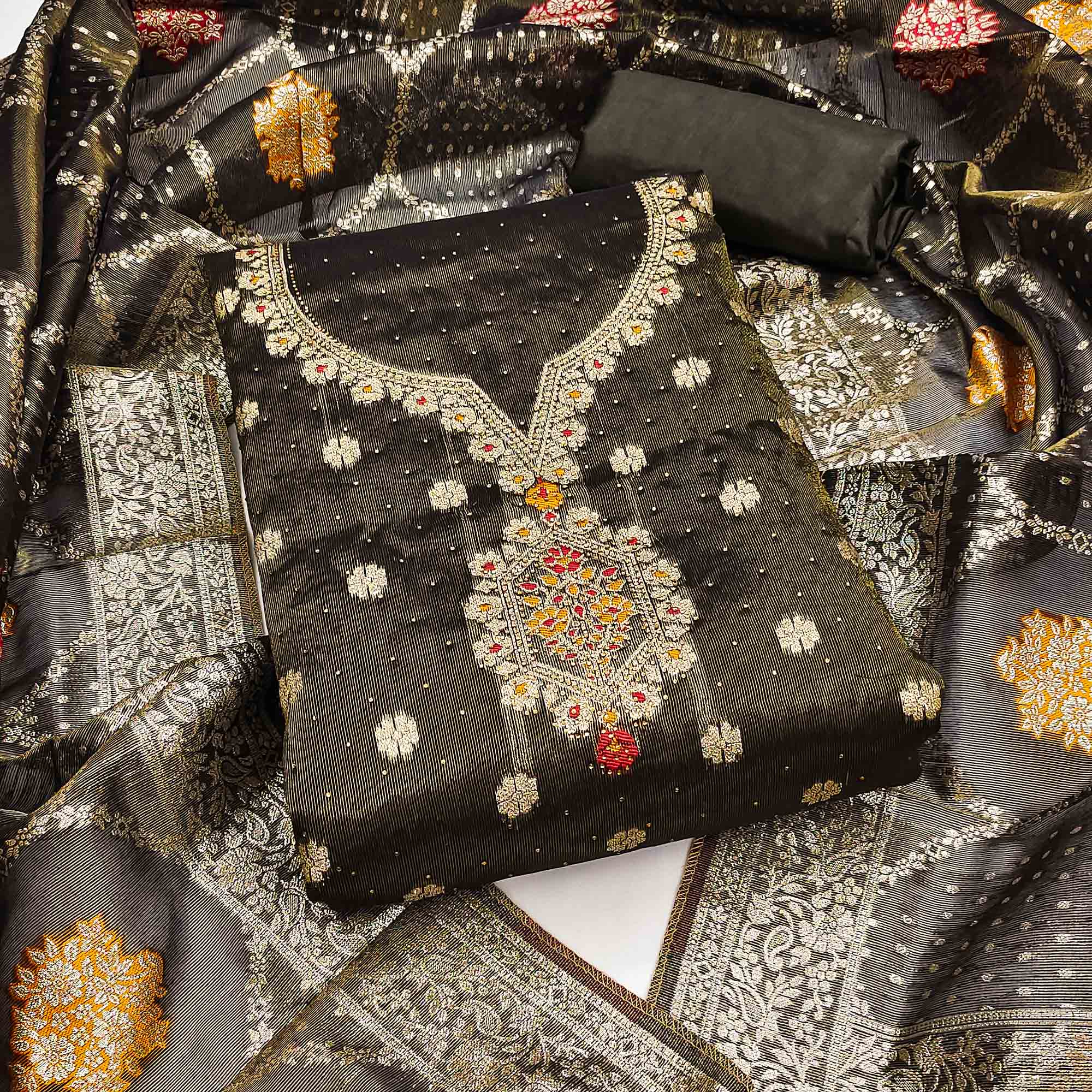 Peachmode Dark Grey Woven With Stonework Shimmer Jacquard Dress Material