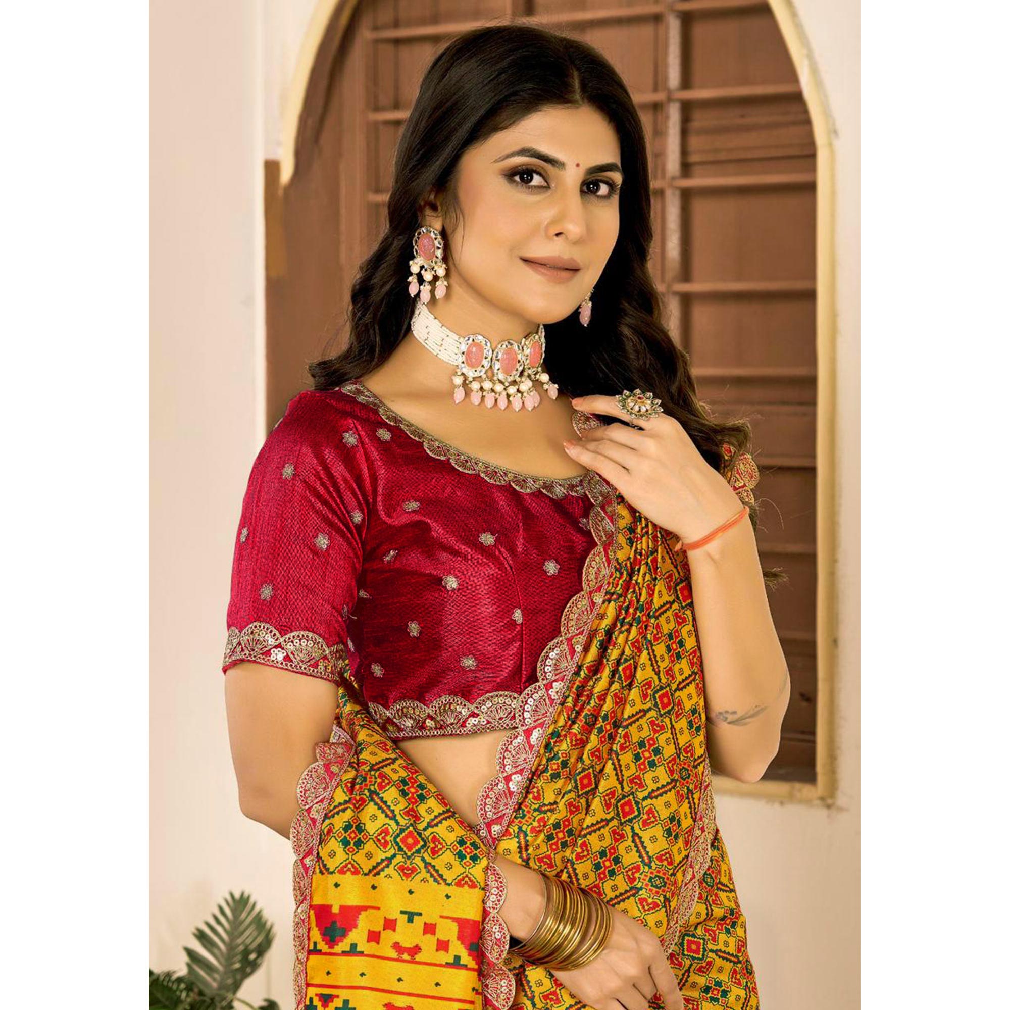 Peachmode Mustard Printed Patola Tussar Silk Saree - view 7