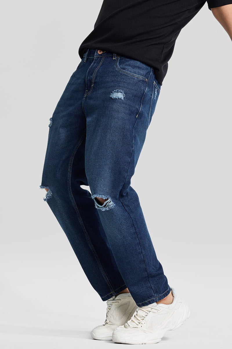 SNITCH Navy Distressed Baggy Fit Jeans