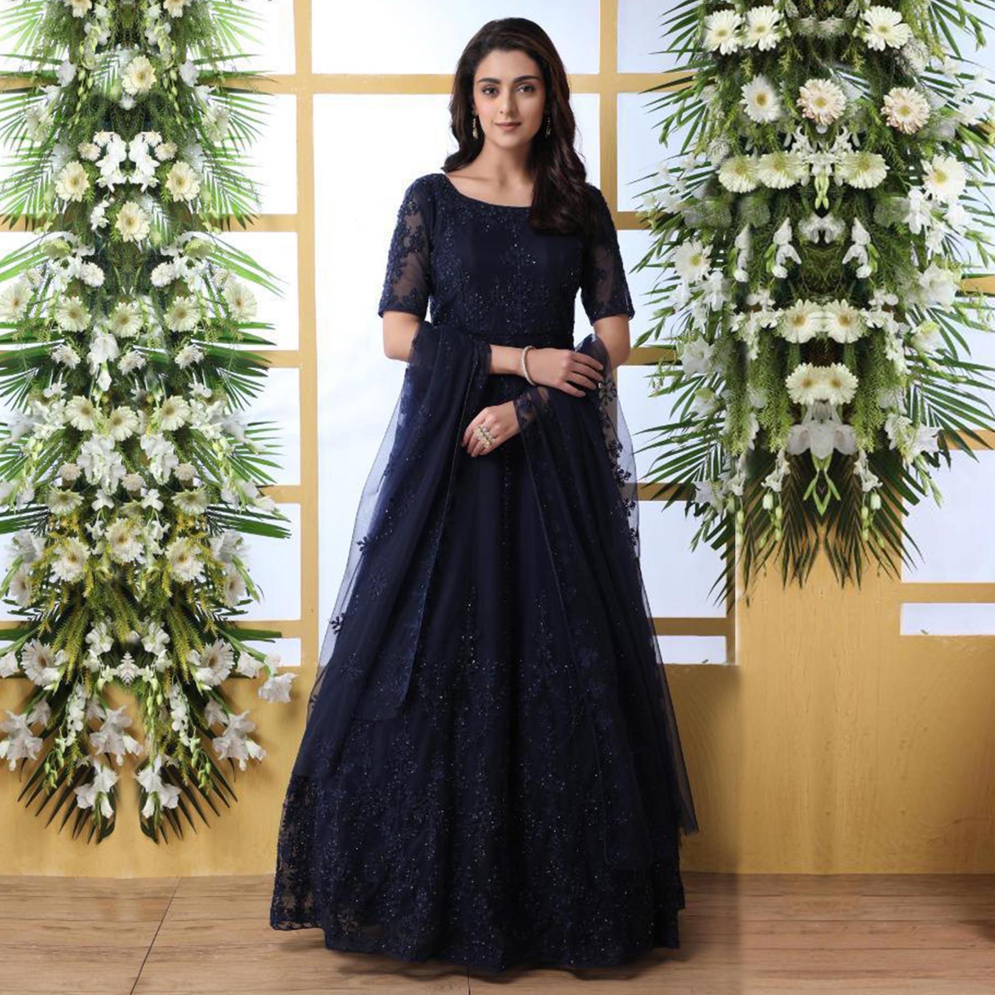 Peachmode Hypnotic Navy Blue Colored Party Wear Embroidered Net Gown With Dupatta