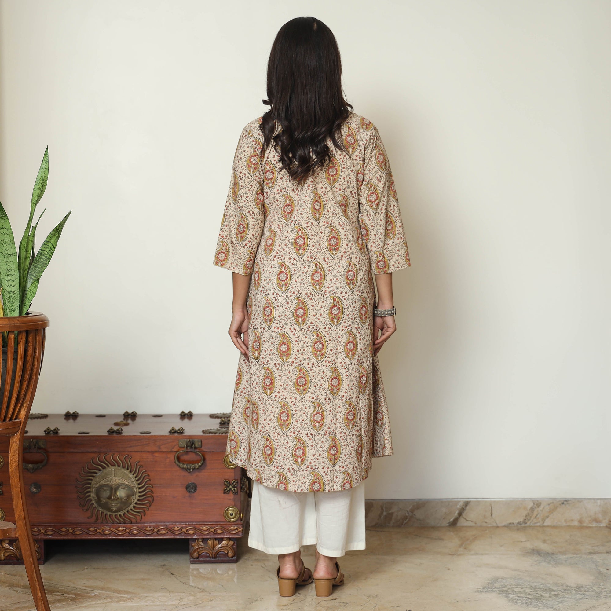 ITOKRI CASUALS Beige - Pedana Kalamkari Hand Block Printed Cotton Pintuck A-Line Kurta 57 - view 4
