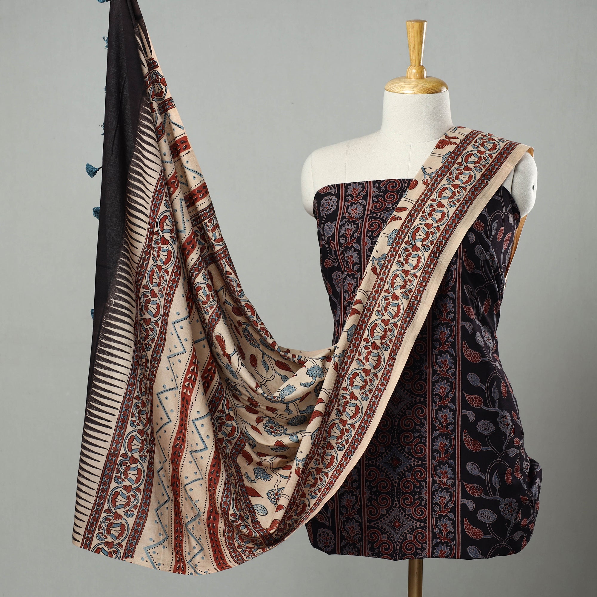 AJRAKH BY JABBAR KHATRI Black - Hand Block Print Cotton 3pc Ajrakh Dress Material 24