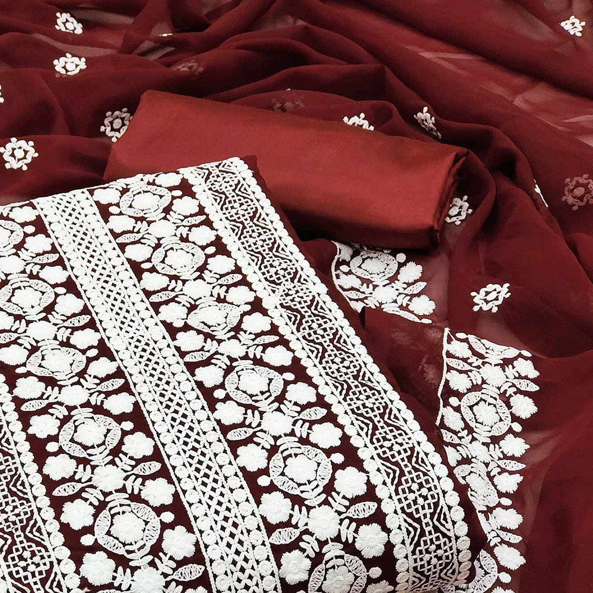 Peachmode Maroon Lucknowi Embroidered Georgette Dress Material - view 2