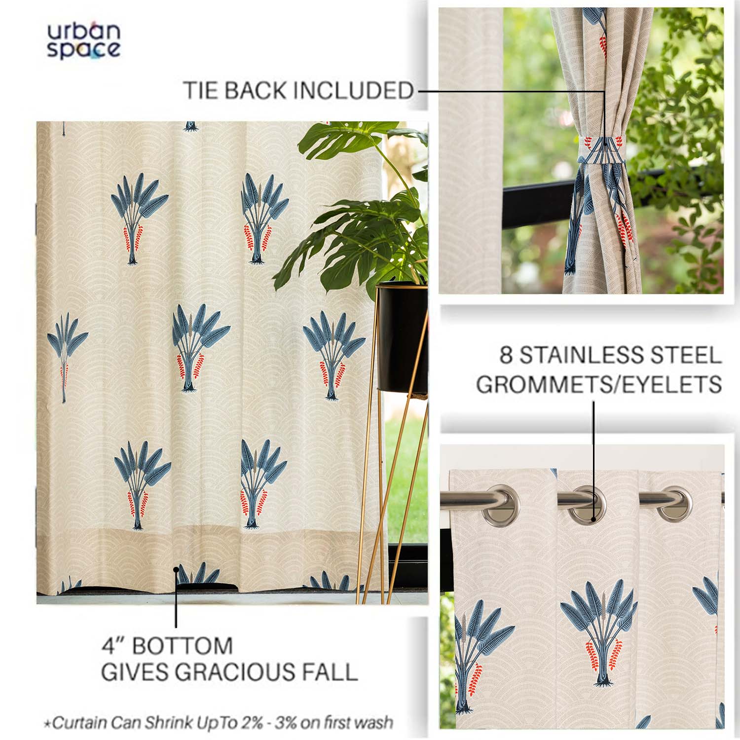 Urban Space -Home Furnishing Store 100% Cotton Curtains for Living Room, Bedroom curtains - Pack of 2 curtains, Palm Lagoon Indigo - view 2