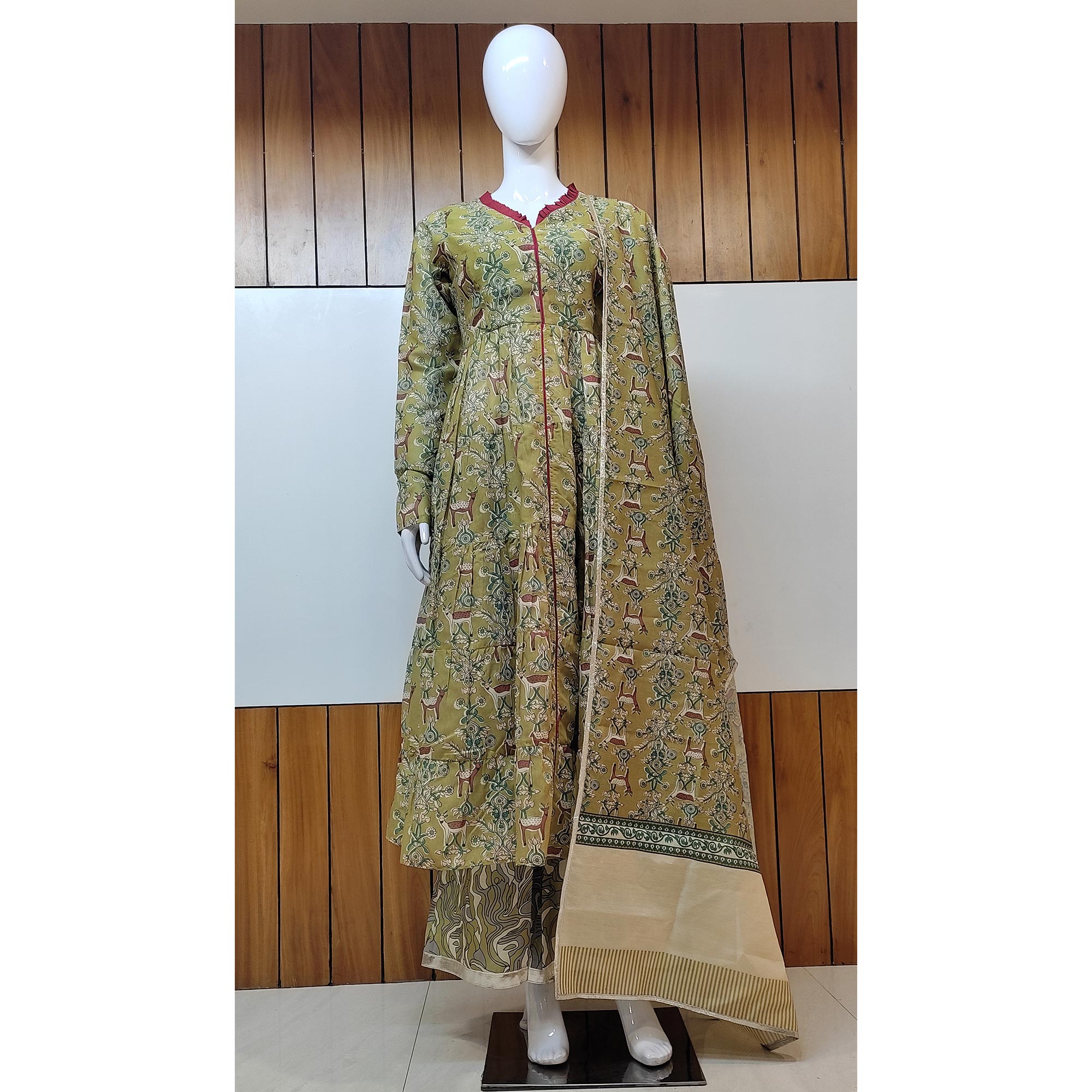 Peachmode Seller Mahendi Green Floral Digital Printed Chanderi Anarkali Style Suit - view 6