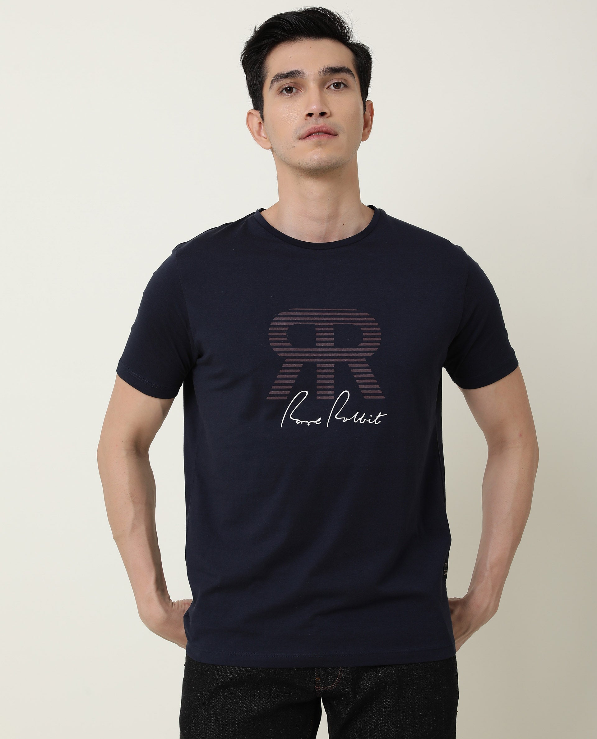 Rare Rabbit Mens Near Navy T-shirt Cotton Fabric Slim Fit Crew Neck Short Sleeve Graphic Print