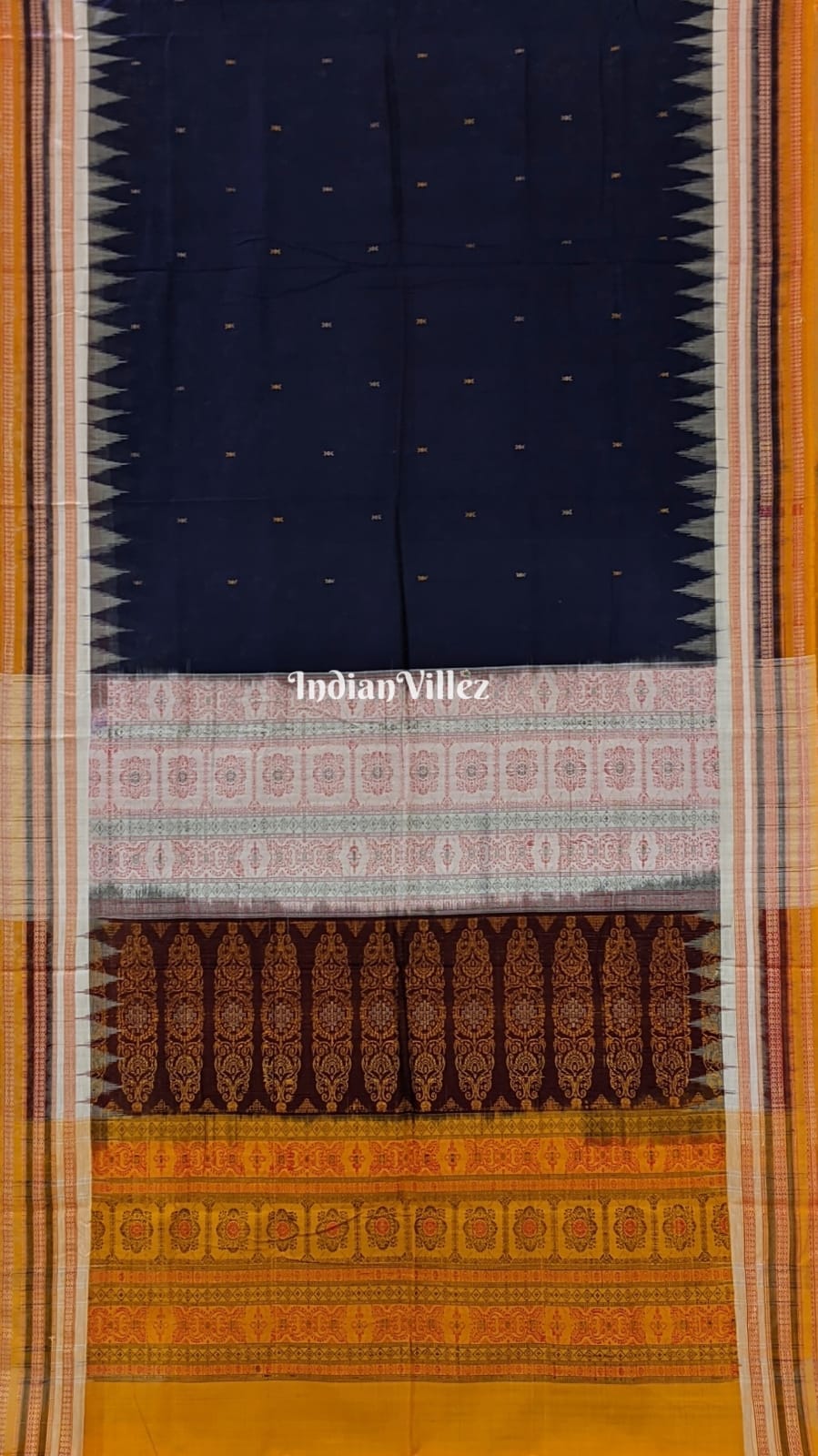 IndianVillèz Blue White Yellow Bomkai Sambalpuri Cotton Saree