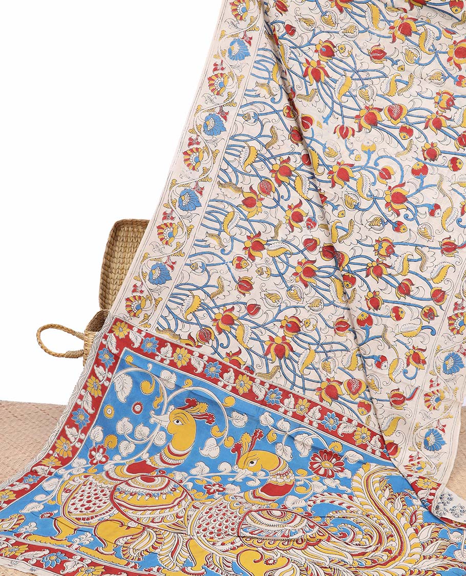 Pothys Cream floral machine-printed kalamkari cotton saree, floral creeper border & contrast peacock pallu