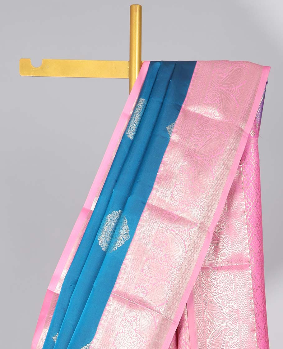 Pothys Blue floral motifs gift saree with contrast paisley border & intricate zari design pallu - view 3