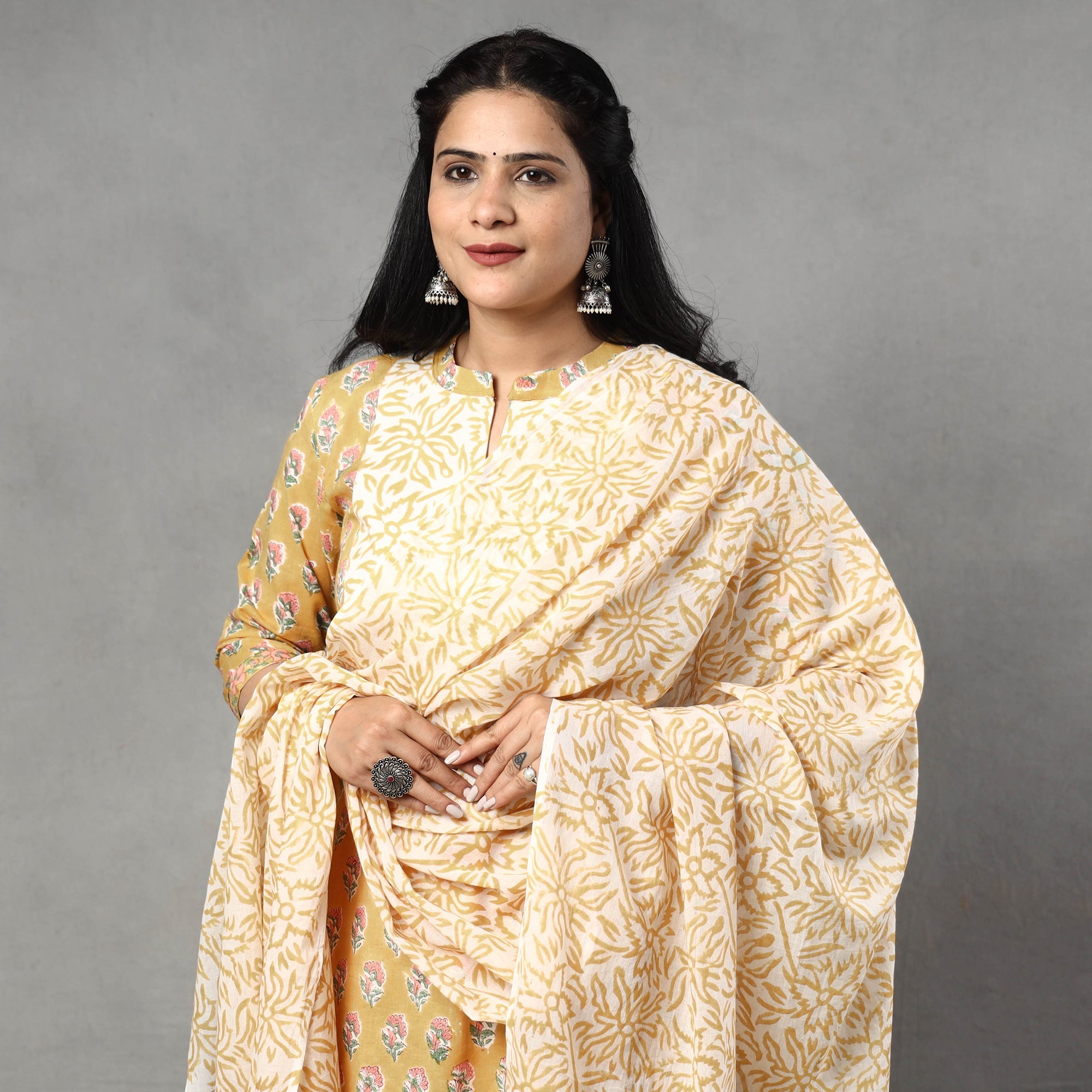 ITOKRI CASUALS Brown - Sanganeri Block Printed Cotton Kurta with Palazzo & Dupatta Set - view 2