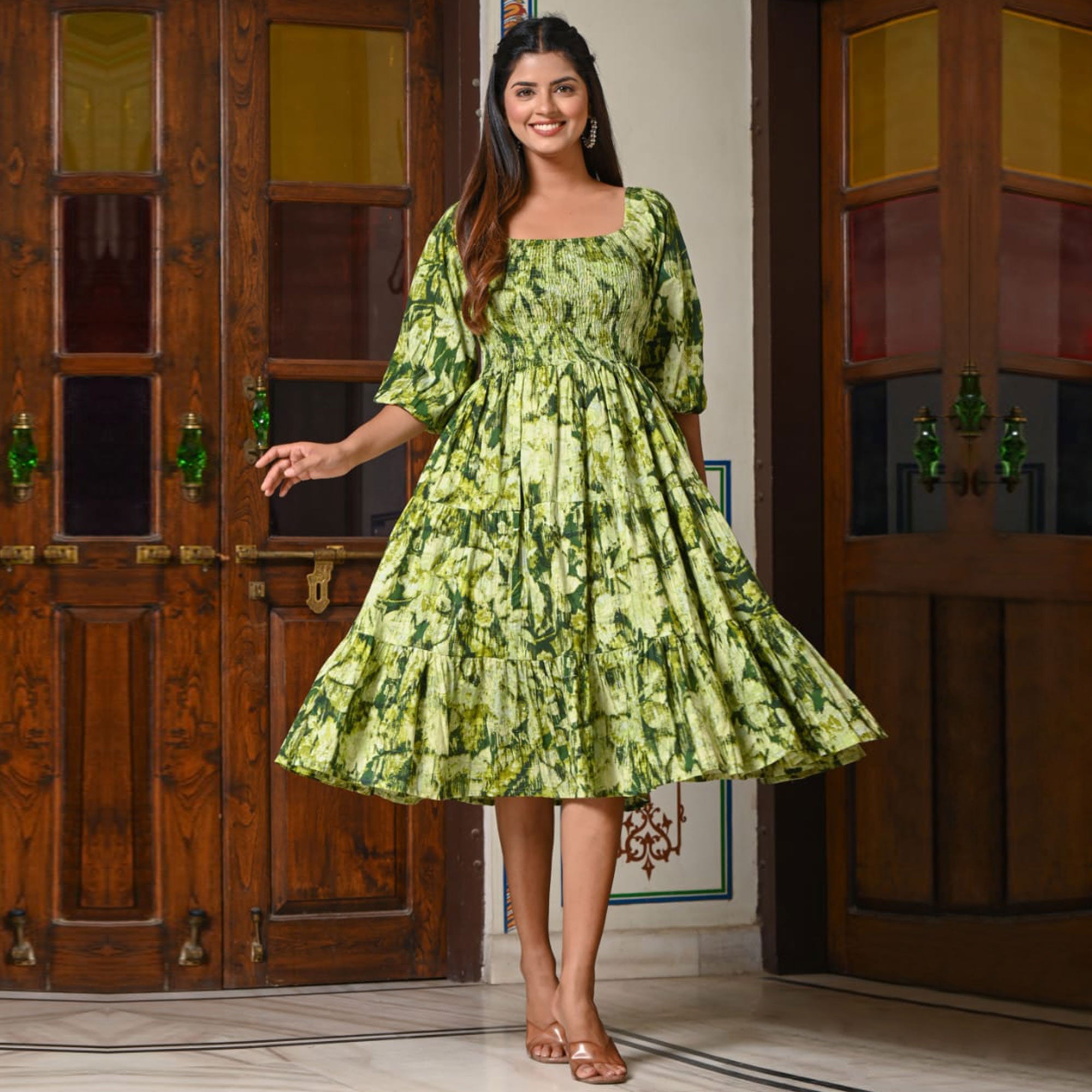 Green dresses – BlackTree green-floral-printed-pure-cotton-dress