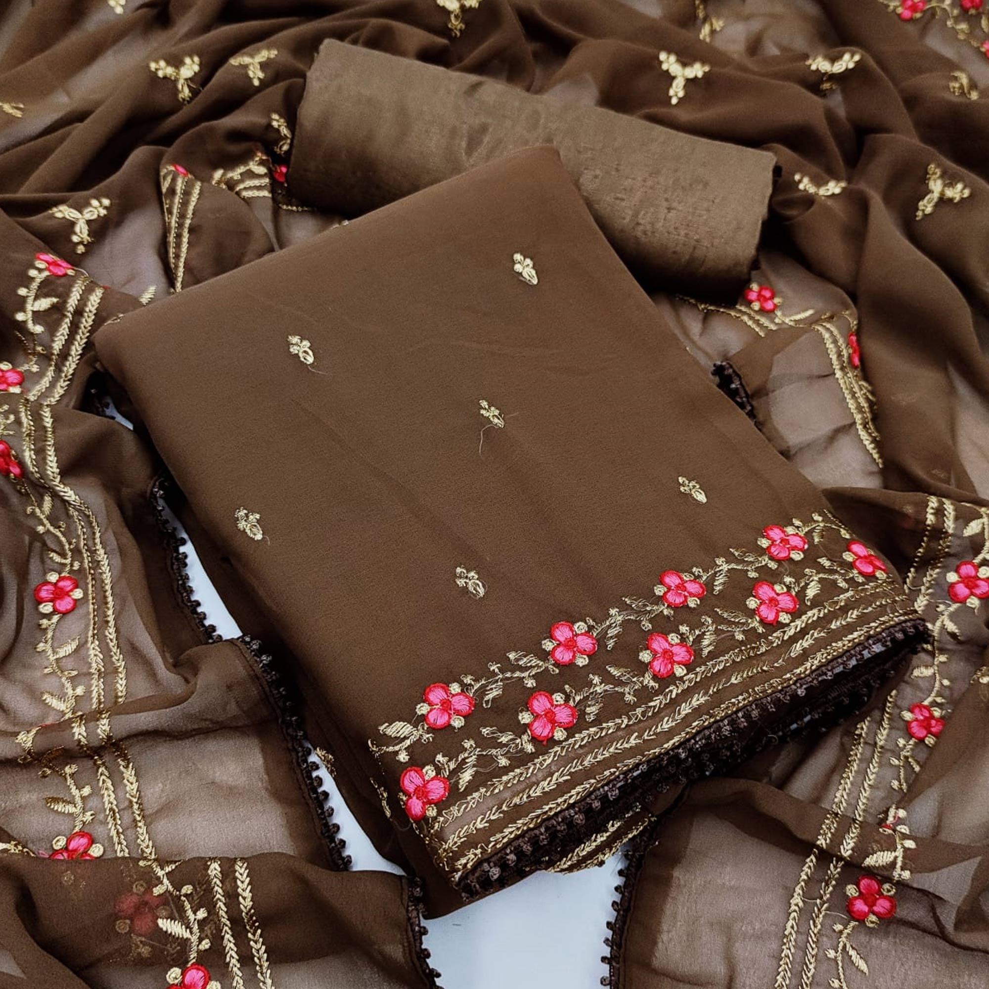 Peachmode Coffee Casual Wear Floral Embroidery Work Georgette Dress Material