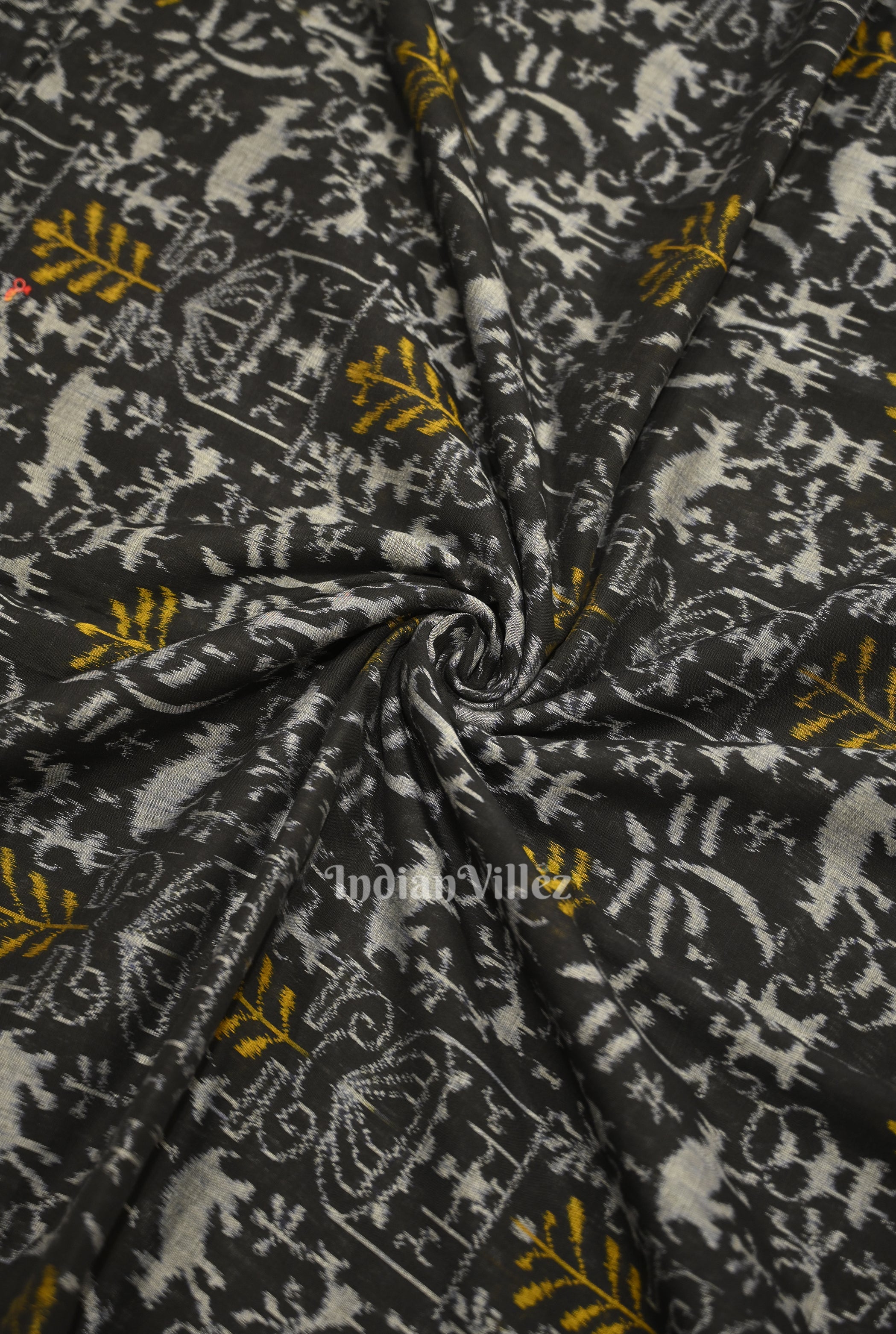 IndianVillèz Black Tribal Theme Sambalpuri Ikat Cotton Fabric