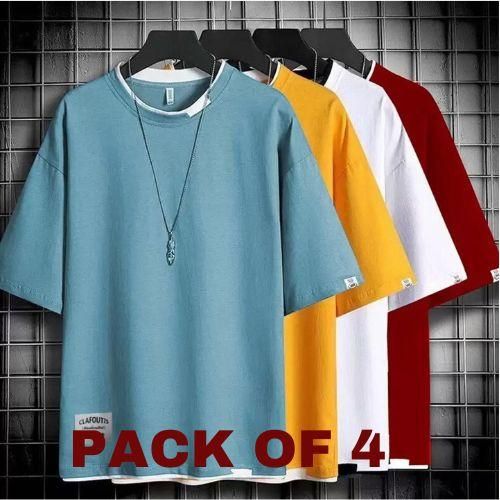 Roposo Clout Poly Blend Solid Half Sleeves Mens Round Neck T-Shirt Pack Of 4
