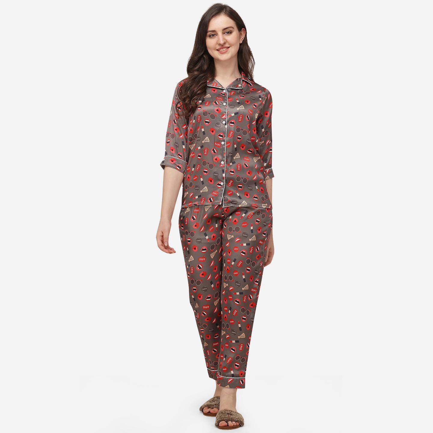 Peachmode Seller Brown Casual Wear Digital Printed Satin Night Suit