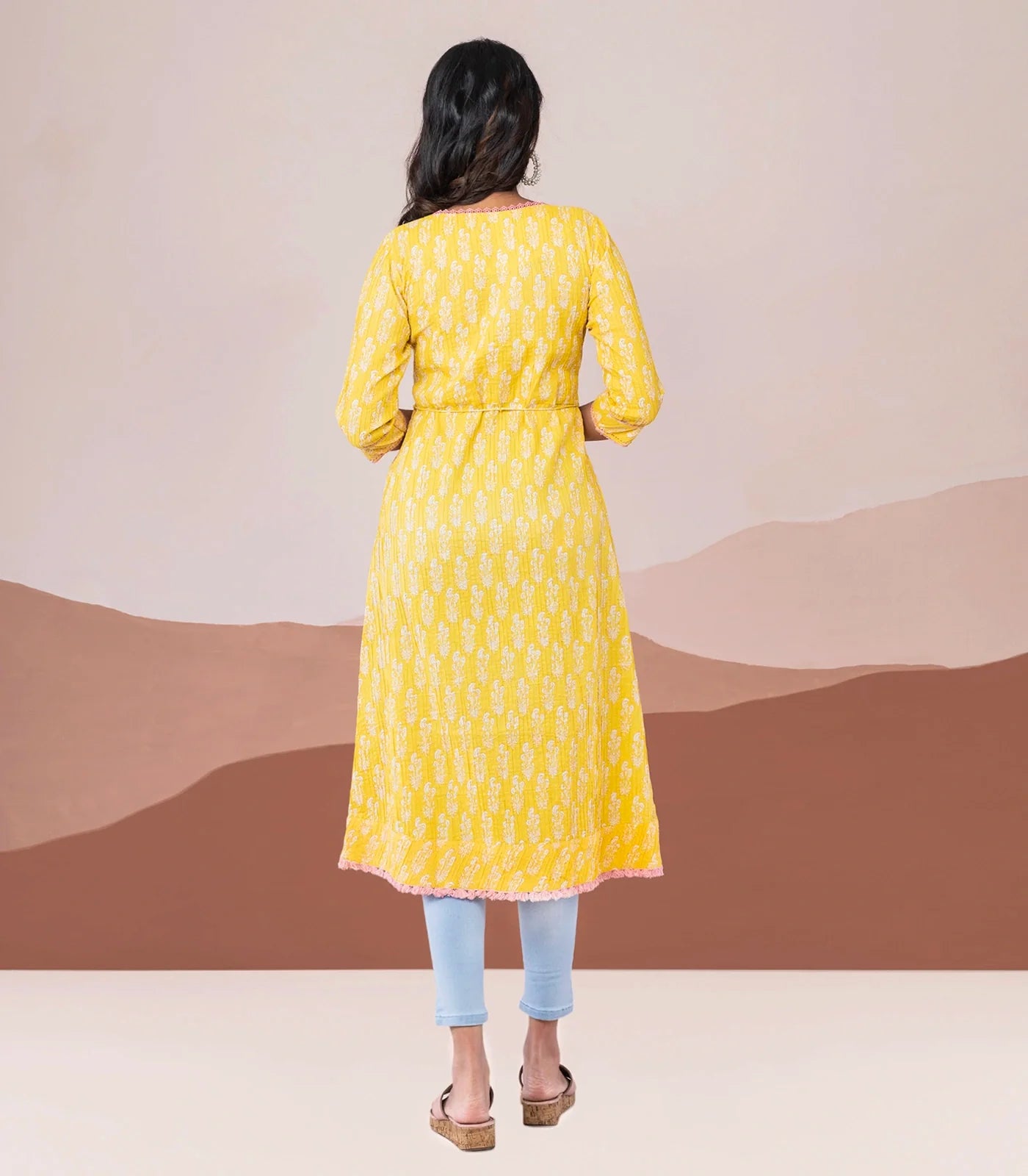 RmKV Yellow pin tuck cotton kurta with rope tassel tie up - view 3