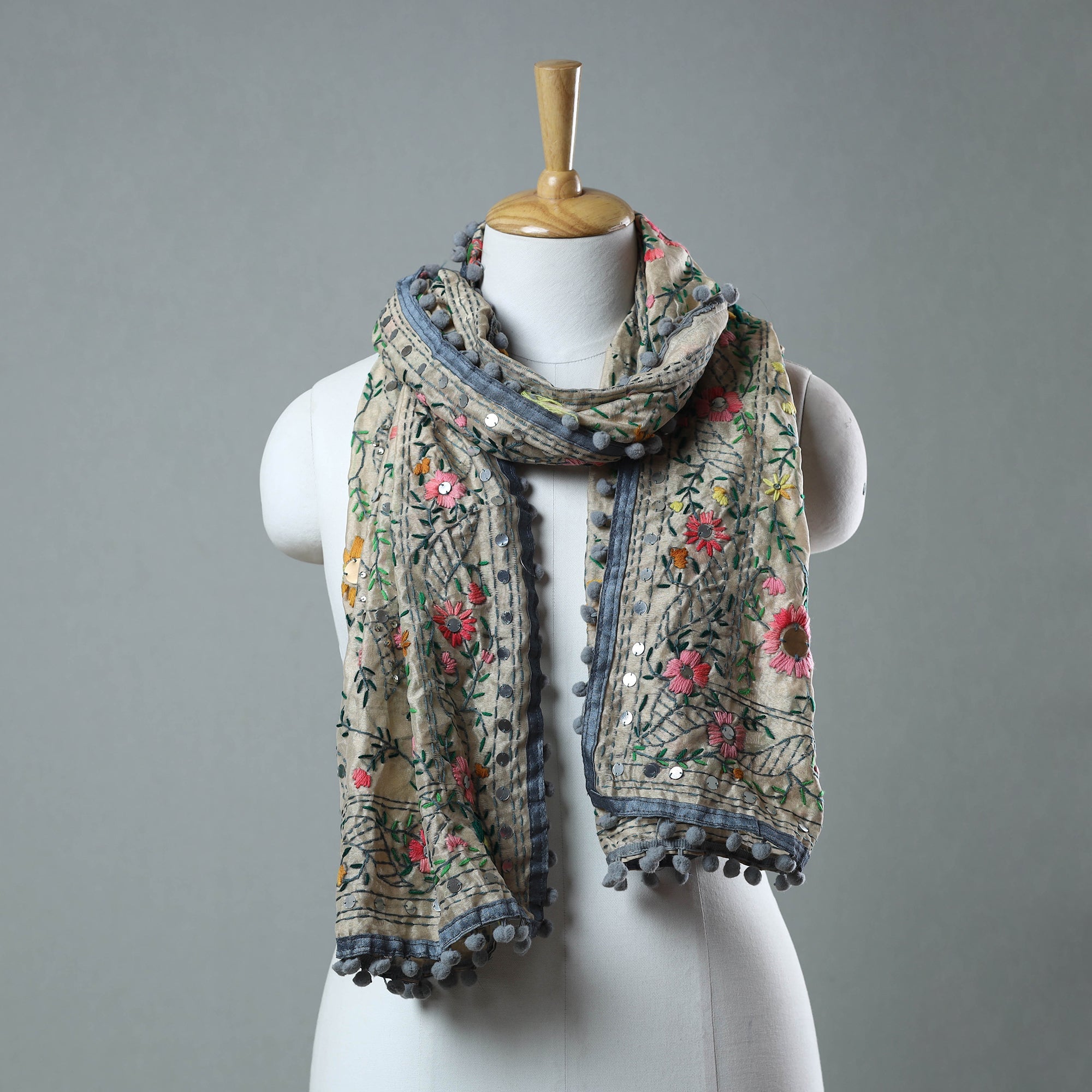 ITOKRI CRAFTS INITIATIVE Grey - Ranihati Chanderi Silk Phulkari Embroidered Stole 123