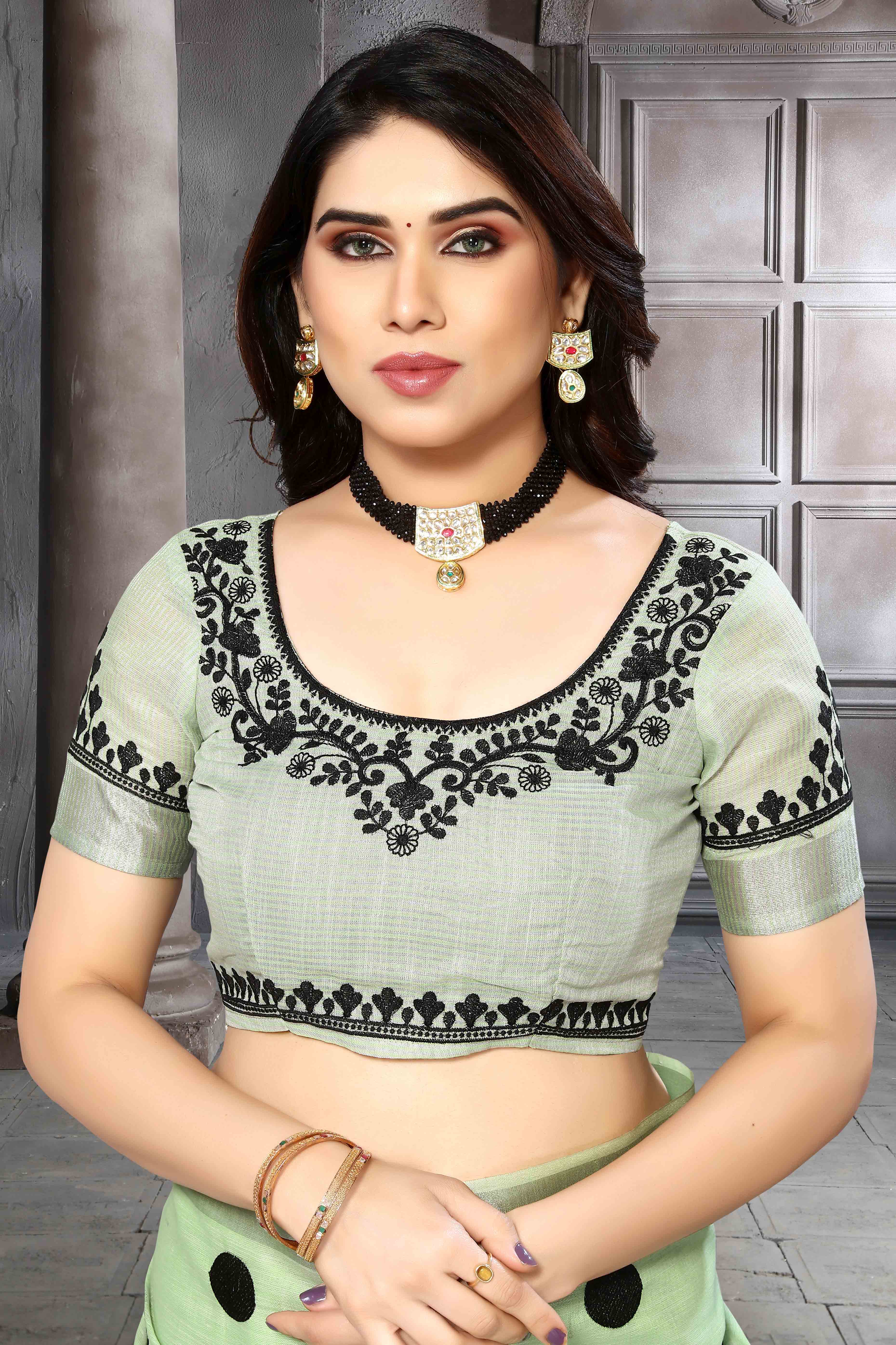Peachmode Light Green Embroidered Linen Cotton Saree With Zari Border - view 6