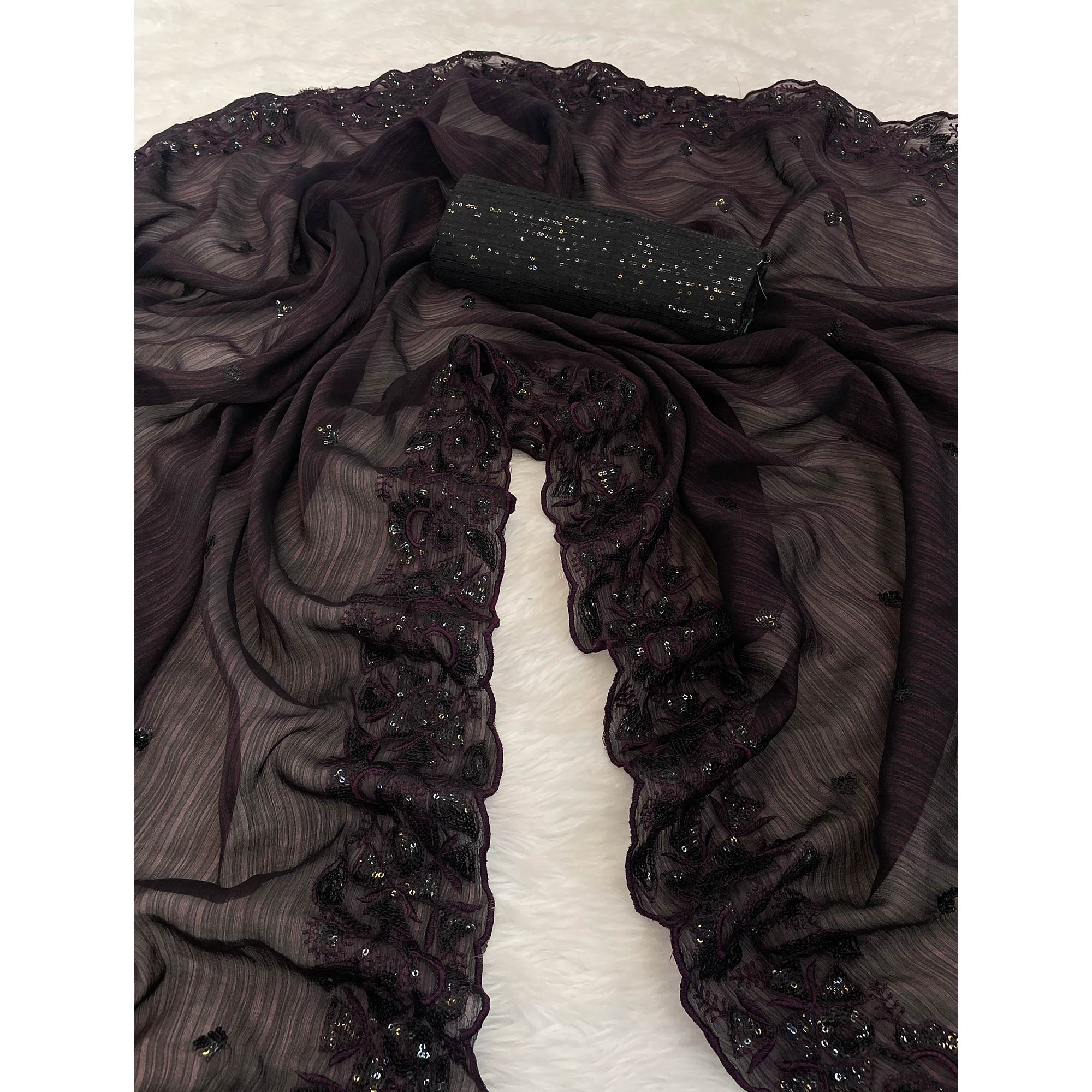 Peachmode Dark Wine Sequins Embroidered Chiffon Saree - view 6