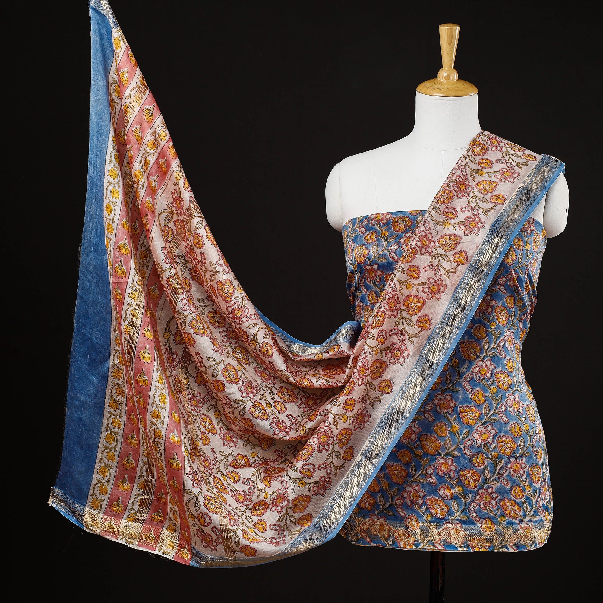 ARTISAN HAND BLOCK PRINTS Blue - 3pc Sanganeri Block Printed Maheshwari Silk Suit Material Set