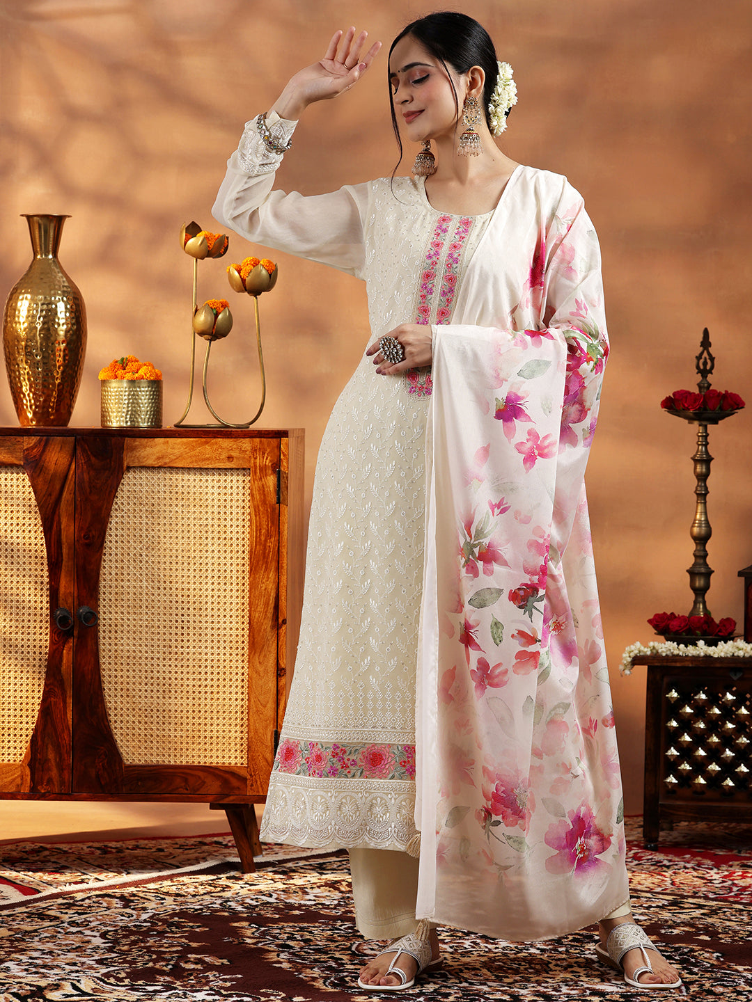 Libas Cream Embroidered Georgette Straight Suit With Dupatta - view 4