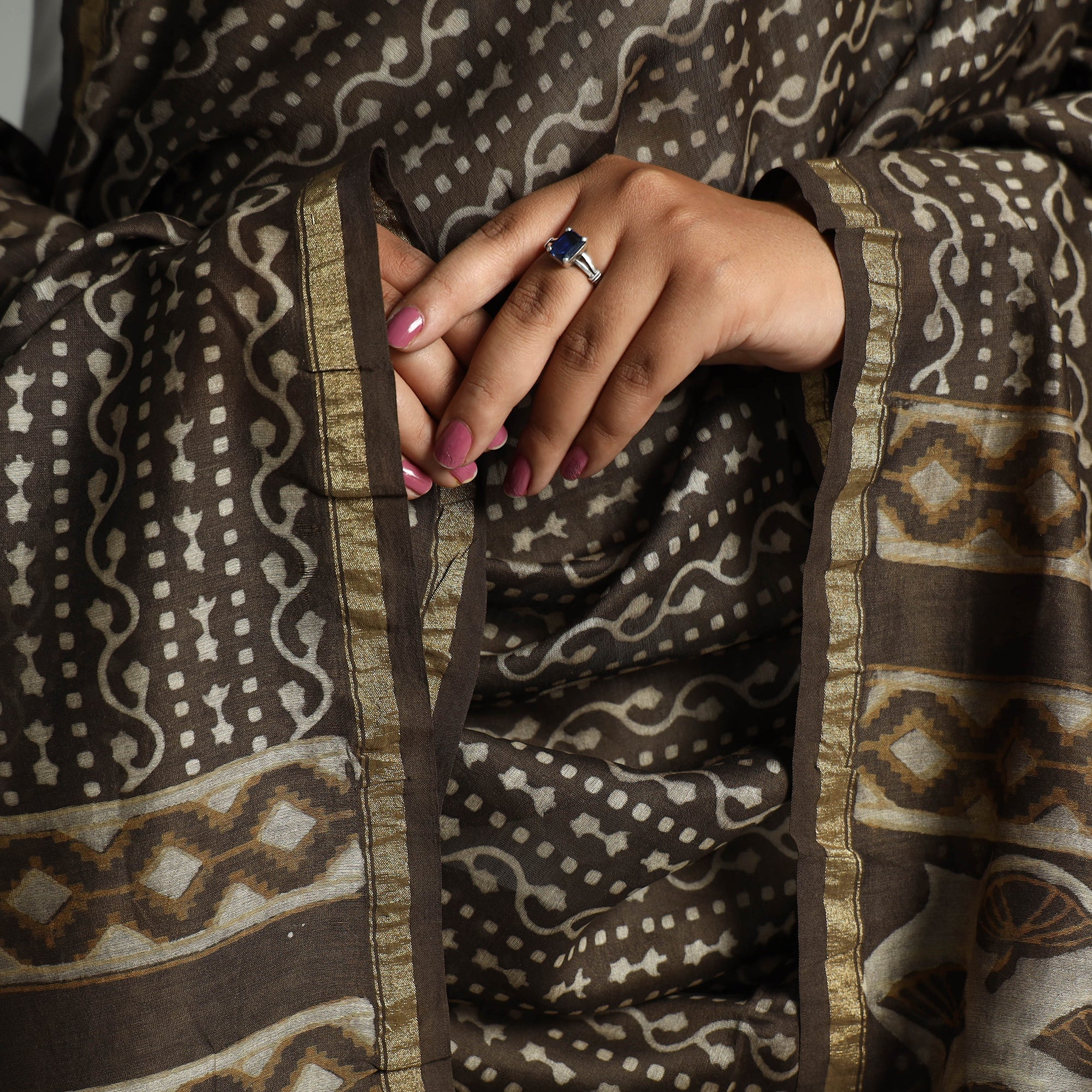 HAVELI CHRONICLES Brown - Akola Dabu Block Printed Handloom Chanderi Silk Dupatta with Zari Border 01 - view 4